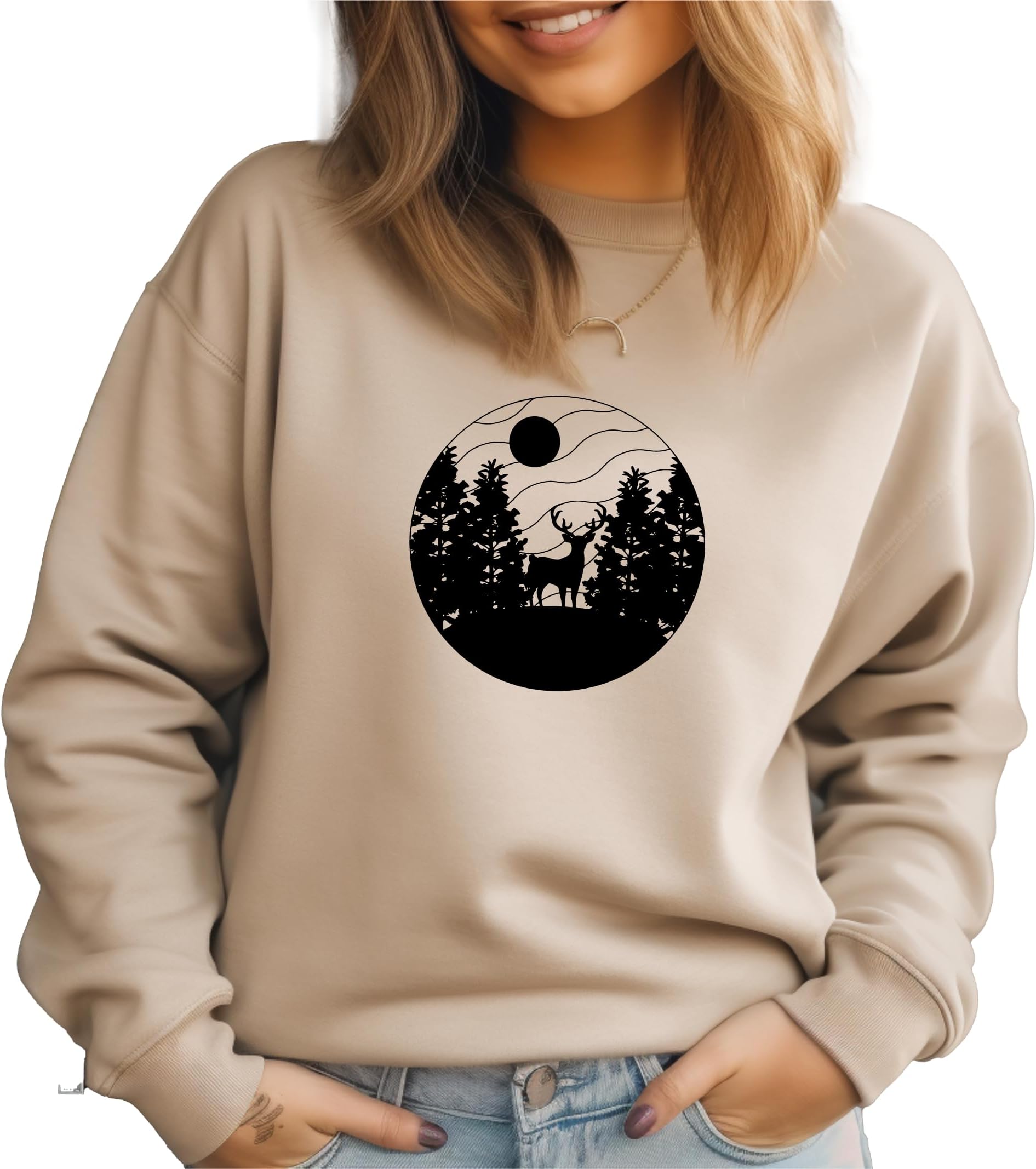 Night Nature Forest Sweatshirt, Deer Sweatshirt, Double Exposure Deer Tee, Nature Tee, Forest Graphic Unisex Sweatshirt, Mountain Sweatshirt, Crewneck Sweatshirt, Trendy Sweatshirt
