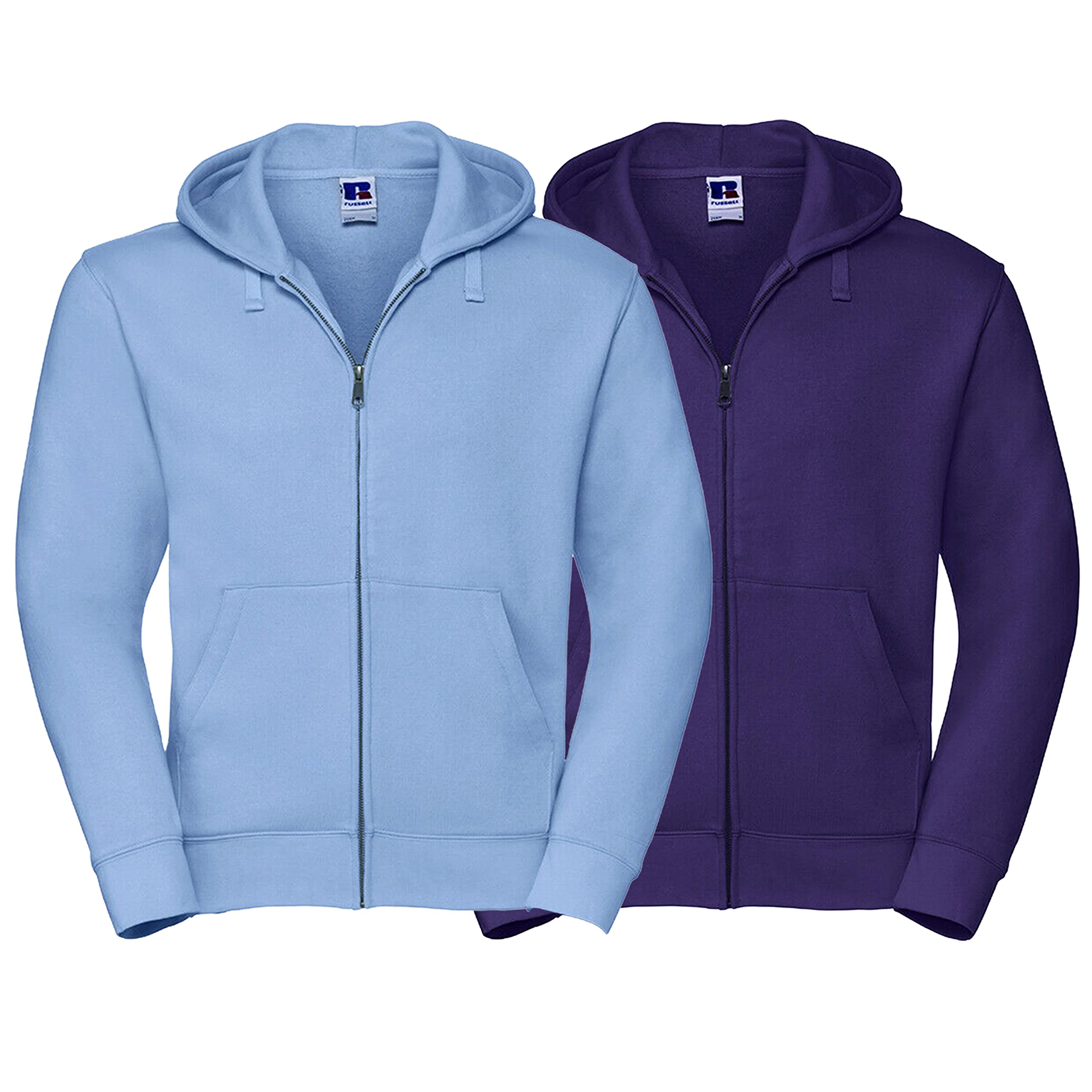 Metzuyan 2 Pack Mens Adult Authentic Russel Hooded Full Zipped Sweatshirt Cotton Rich Long Sleeve Purple Blue XS