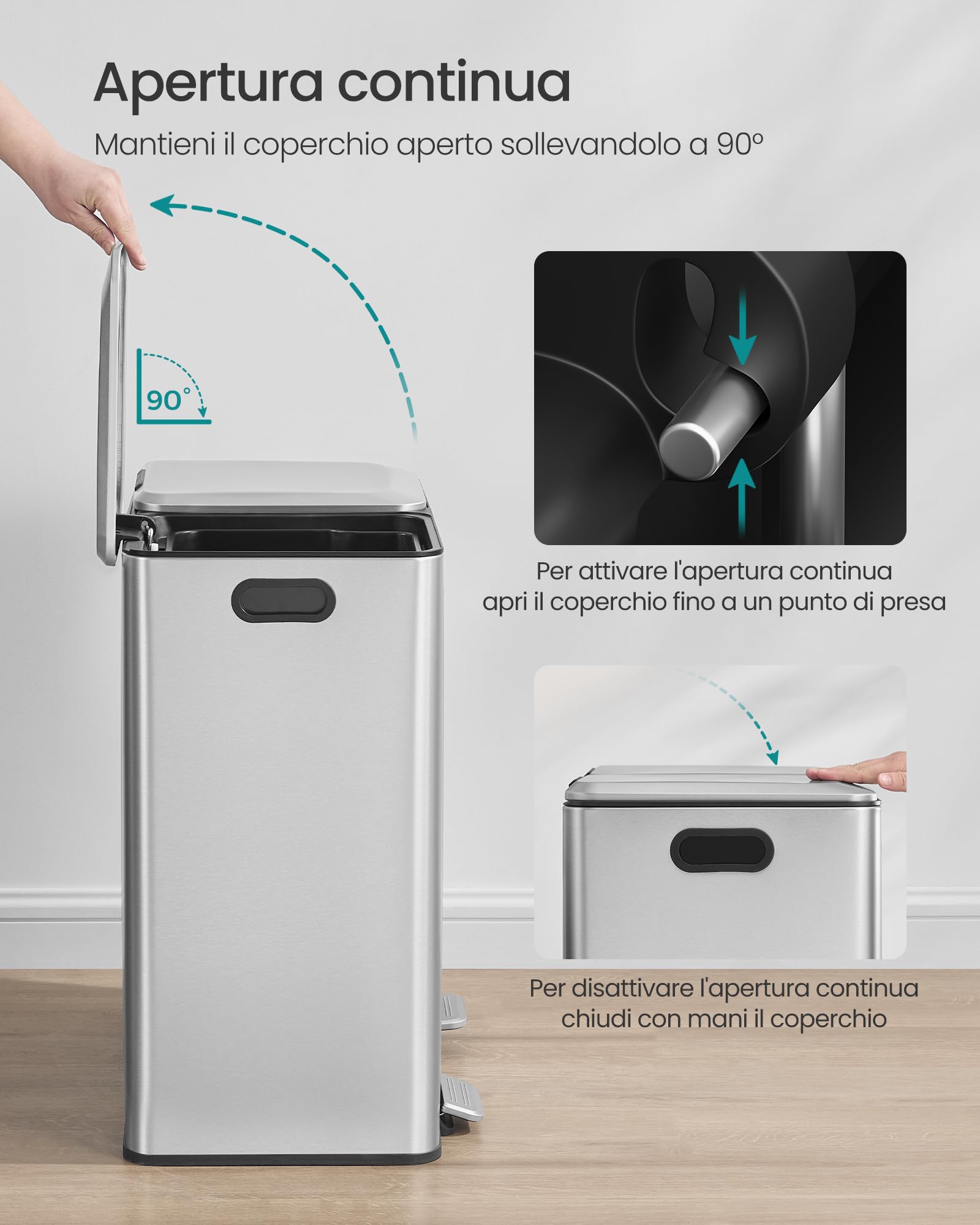 SONGMICS Cestino da Cucina, 2 x 30 L, 2 Scomparti per Raccolta Differenziata, con Coperchi a Chiusura Morbida e Secchi Interni Rimovibili, Pedali, Acciaio Inox, Argento Metallizzato LTB743E01
