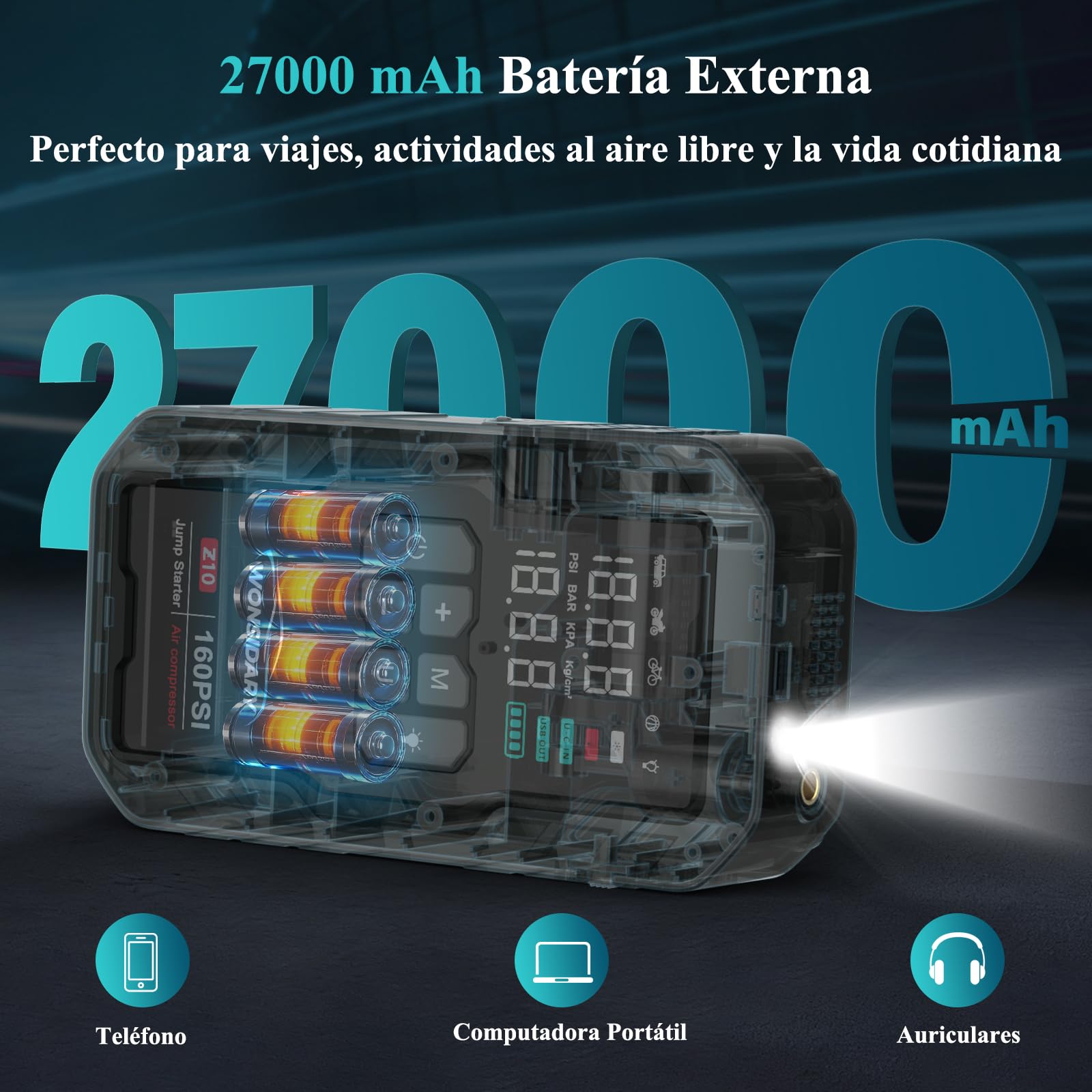 Arrancador de Baterias de Coche 7000A con Compresor,160PSI Inflador de Neumáticos,27000mAh 12V Jump Starter (Todo Gasolina o 8.0L Diésel),Doble LED con 4 Modos de Luz,Pantalla LCD, Kit de Viaje