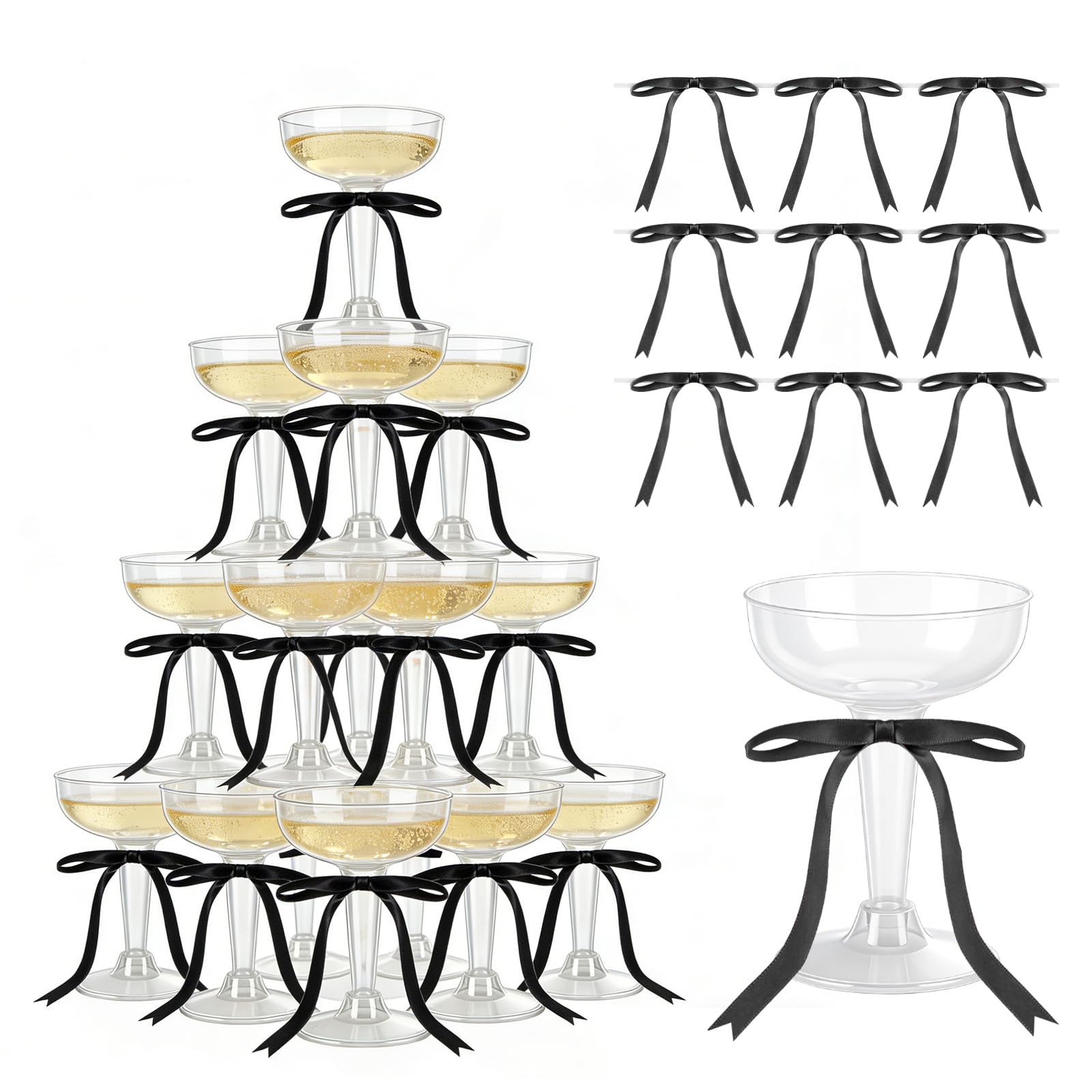 30PCS Disposable Plastic Champagne Glasses Coupe, Bow Wine Glasses Martini Coupe with Satin Ribbon Bow Clear Acrylic Cocktail Glasswares Champagne Tower Birthday Wedding Graduations Party (Black)