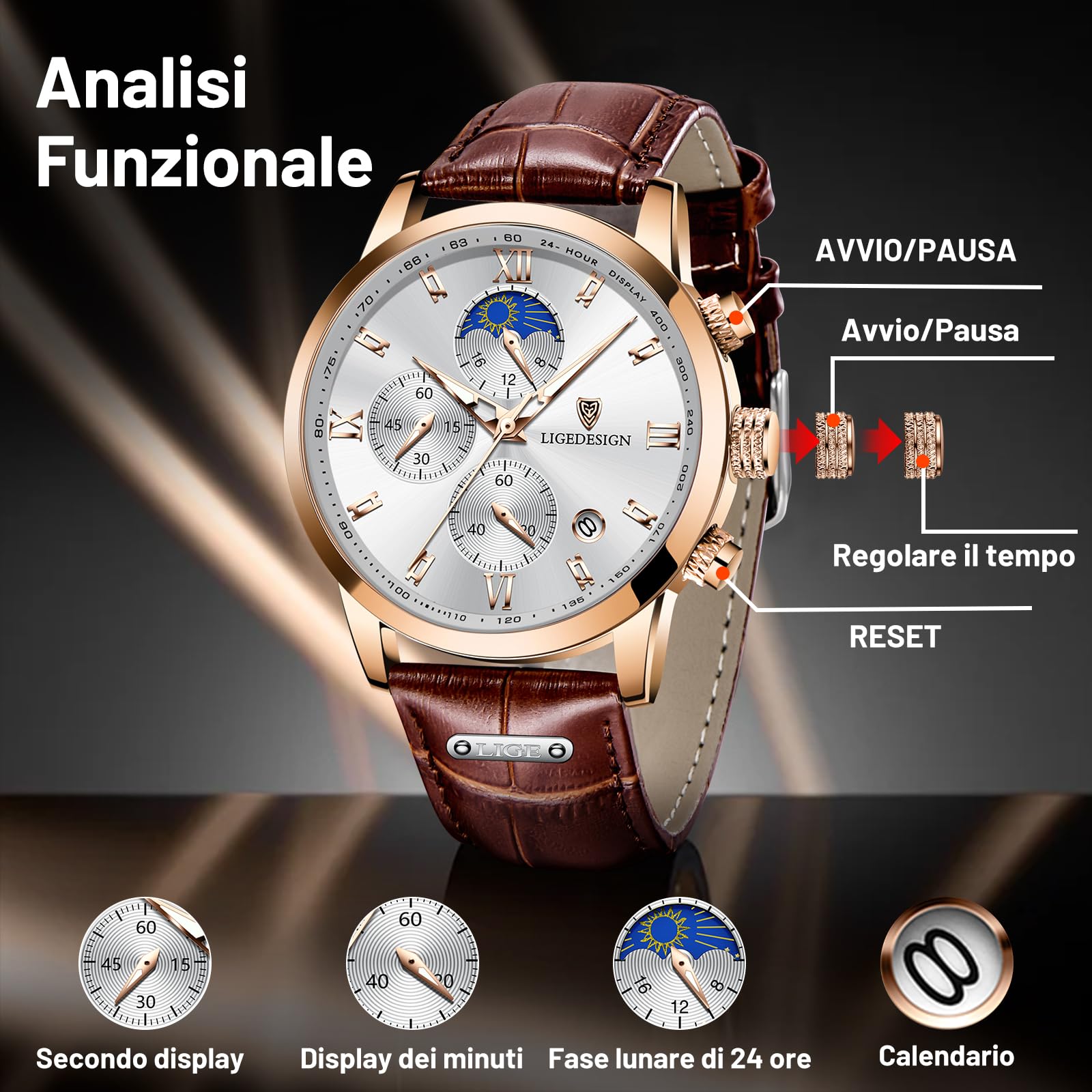 LIGE Orologio da uomo cronografo movimento al quarzo 30 ATM impermeabile cinturino in pelle grande quadrante analogico multifunzionale luminoso classico sport aziendali miglior regalo per gli uomini,