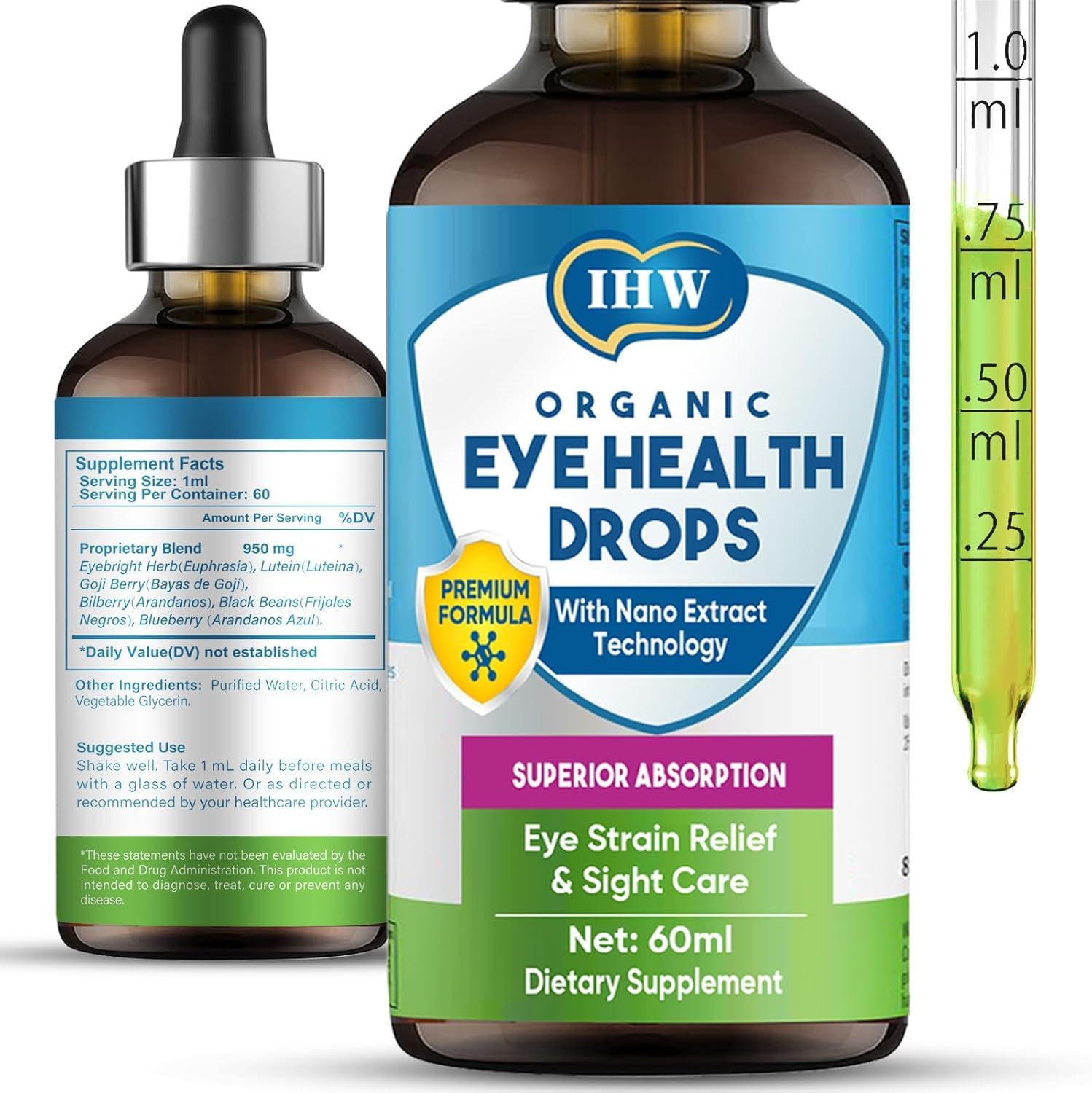 Eyebright Herb Drops for Eye Health, 60ml Eyebright Herb Supplement, Eye Fatigue & Dry Support Herbal Supplements W/Euphrasia officinalis Bilberry Goji Leaves Blueberry Extract, Organic for Sight Care