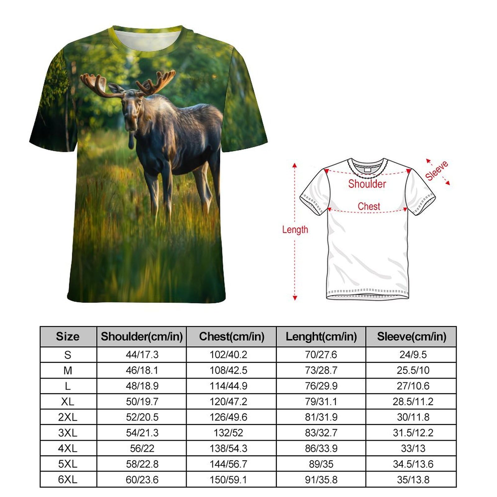 Moose in Forests Unisex Adult T-Shirts Summer Short Sleeve Tee Casual Tops Funny Graphic 6XL