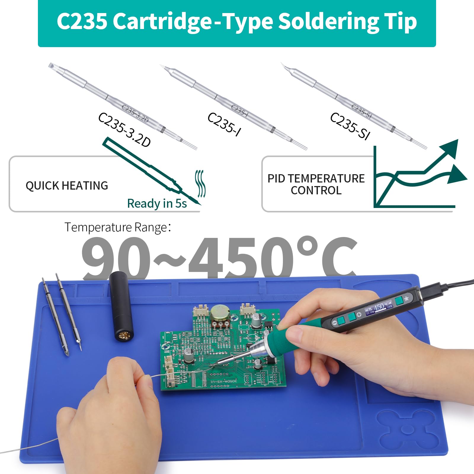 YIHUA 928D-IV Kit de Fer à Souder avec Port Type-C, Chauffage Rapide avec Cartouche C235, Température Réglable de 90~450°C, Protocoles PD/QC/Adaptatifs, Affichage LCD et Couvercle Multifonctionnel