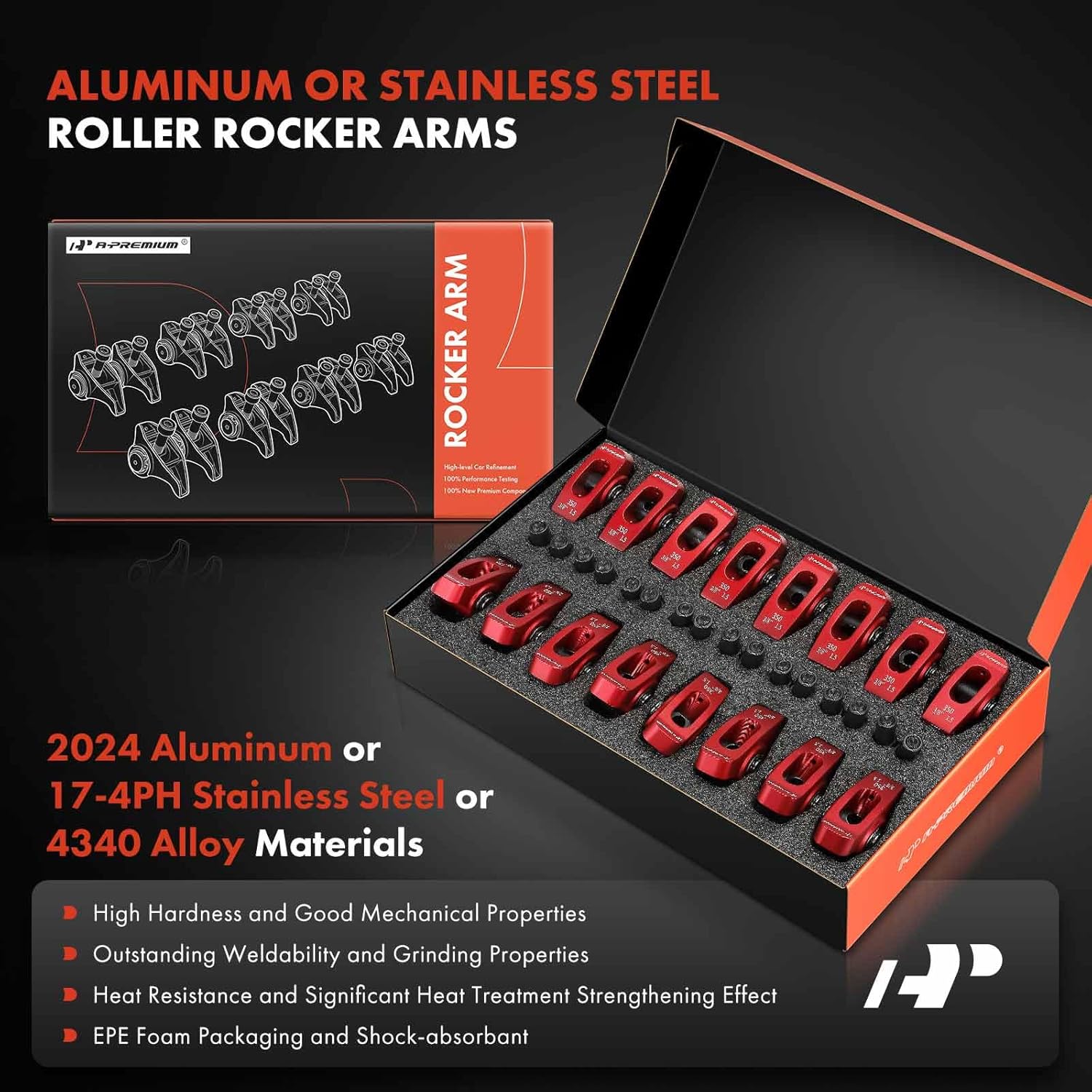 A-Premium 16Pcs Red Aluminum Engine Roller Rocker Arms 1.5 Ratio Compatible with Small Block Chevy SBC 350, 3/8" Studs, with Needle Bearings