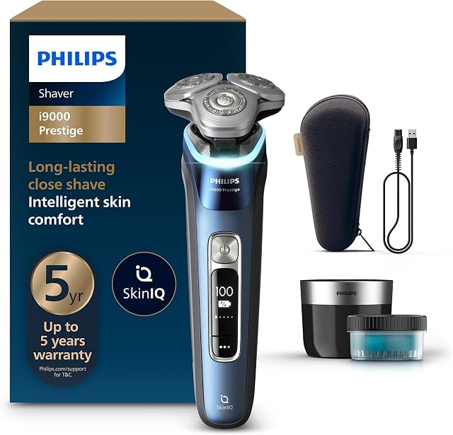 Philips Shaver i9000 Prestige, Wet & Dry Electric Shaver, Mystic Aqua, With Skin IQ Technology, Triple Lift & Cut System, 360 Rotating Dual SteelPrecision Blades, Quick Clean Pod, Model XP9201/20