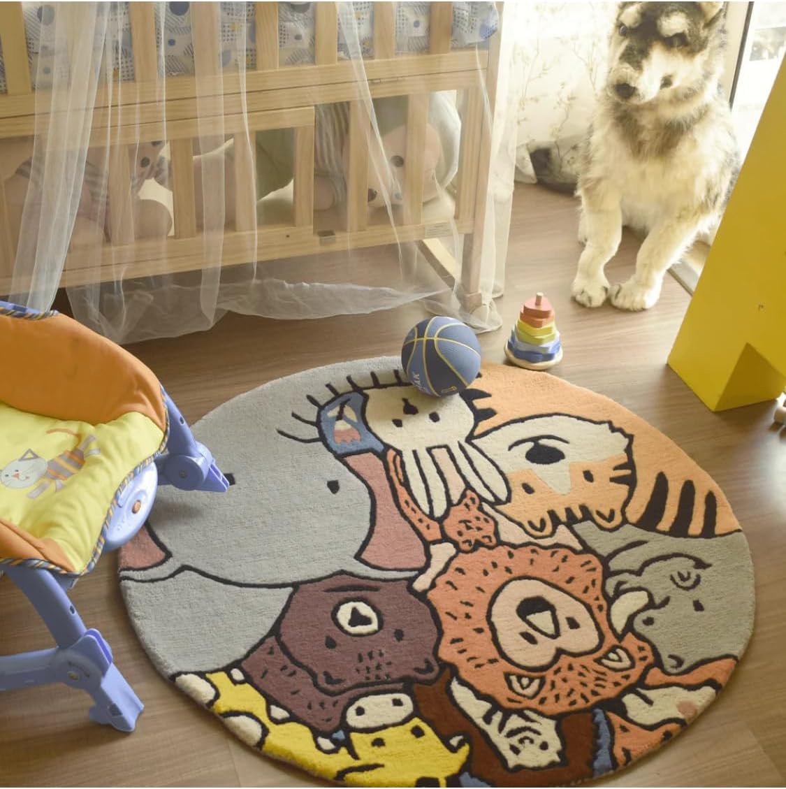 Round Kids Rug with Animal Design, Cartoon Safari Theme, Nursery Playroom Decor, Soft Play Mat