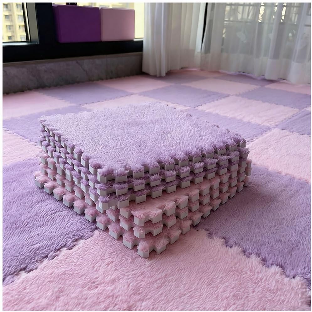 Thickened Plush Foam Interlocking Floor Carpet Mat 12x12in Fluffy Square Puzzle Foam Carpet Tiles with Edgings Soft Anti-Slip Shaggy Area Rug Playmat(Pink+Light Purple,12 pcs)