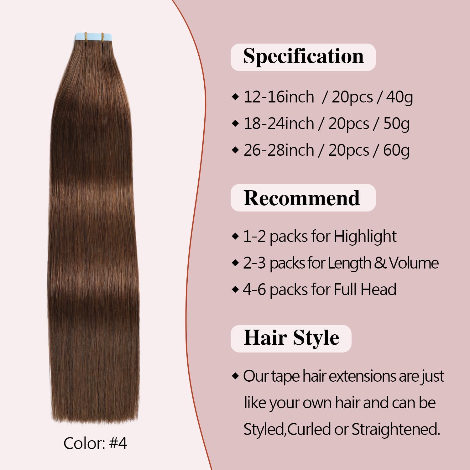 Sunya Tape in Hair Extensions Human Hair Chocolate Brown Tape Hair Extensions 20 inch Tape in Hair Extensions Natural Invisible Straight Hair Extensions Tape in 50g 20pcs/Pack - Image 2