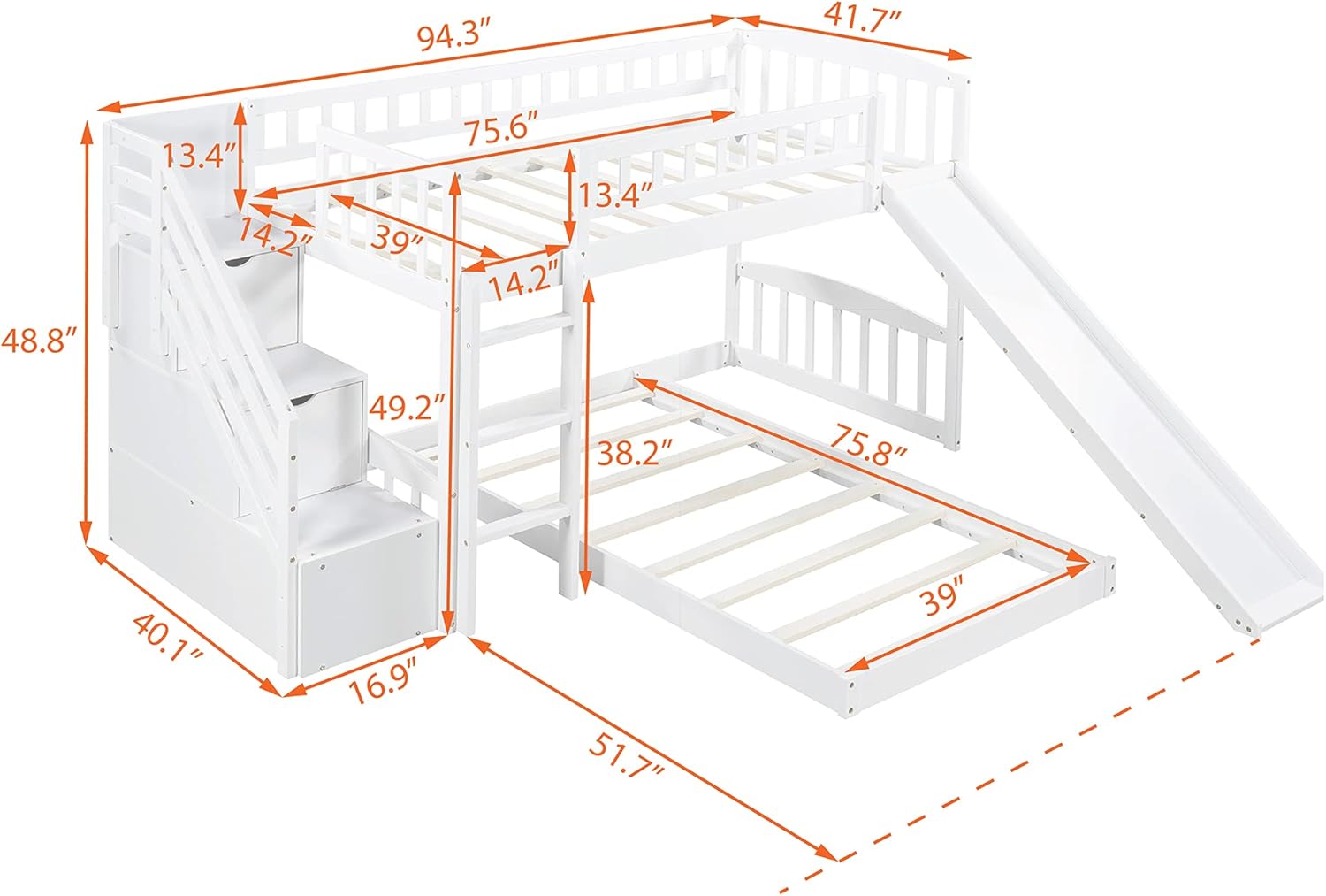 Wood Bunk Bed for Kids with Slide & Ladder,Twin Over Twin Floor Bunk Bed Frame with Safety Guardrails and Slat Support,Stairway Low Bunkbeds for Boys Girls,Space-Saving,No Box Spring Needed,White