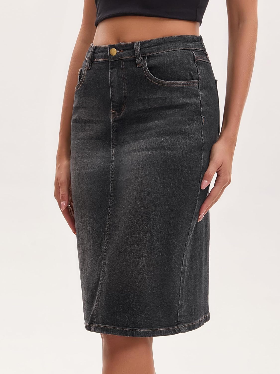 Women's Jean Skirt High Waist Back Slit Stretch Below Knee Length Denim Skirts - Image 2