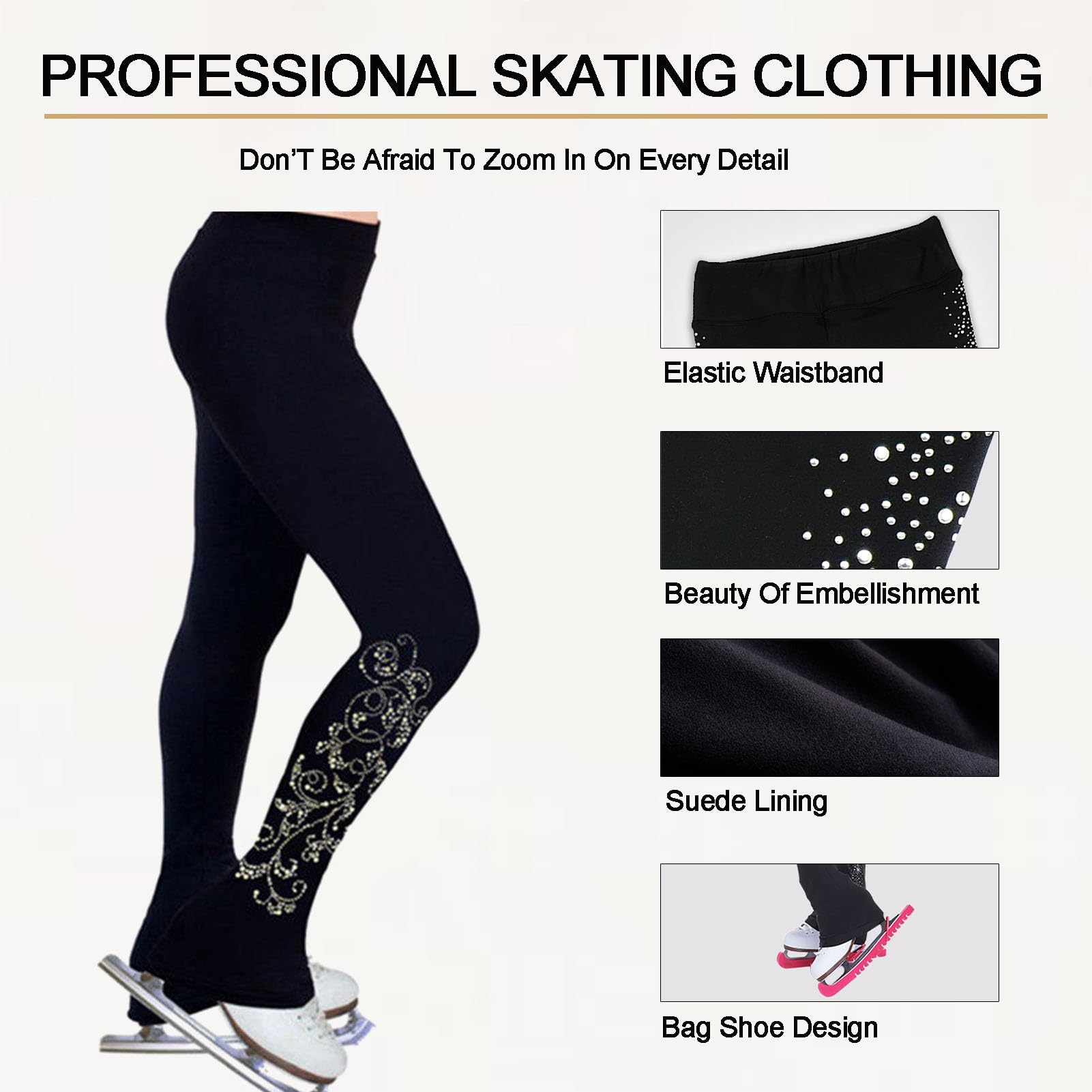 Femmes Filles VêTements D'EntraîNement, Noir Pur Pantalons Patinage Artistique Leggings Pantalon Patinage sur Glace, Veste Leggings Patinage
