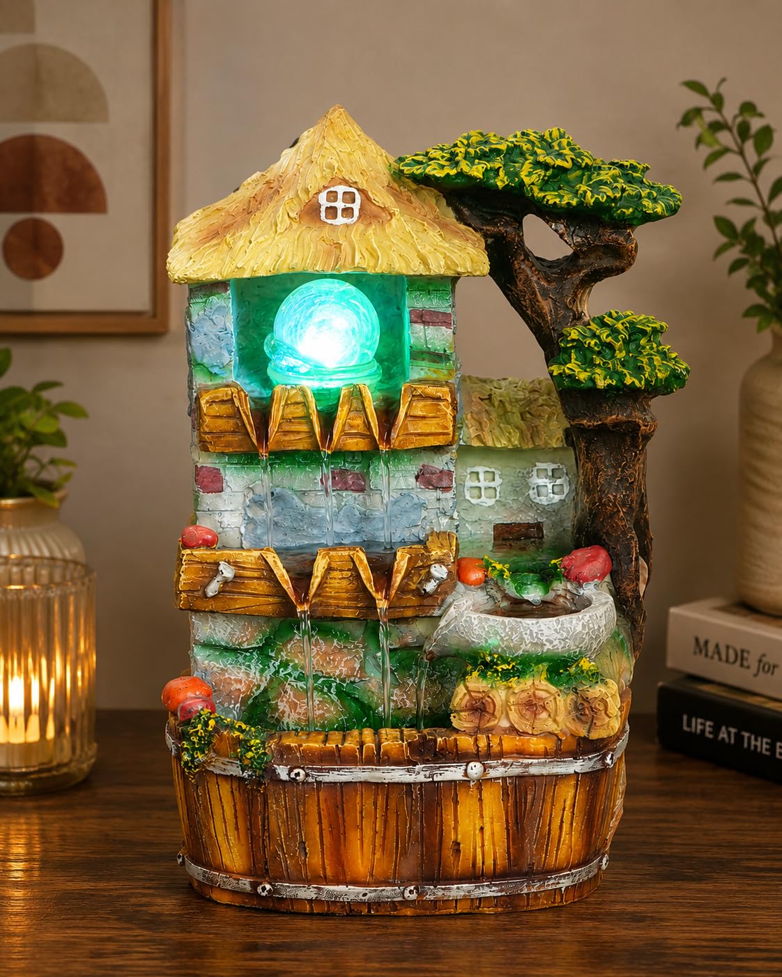 CHRONIKLE Polyresin Hut Style Tabletop Indoor Home Decor 3 Steps Water Fountain with Multicolor LED, Water Flow Controller Pump & Crystal Ball (Size: 35 x 24 x 19CM |Color: Multi | Weight: 2055 Gram)-image-8