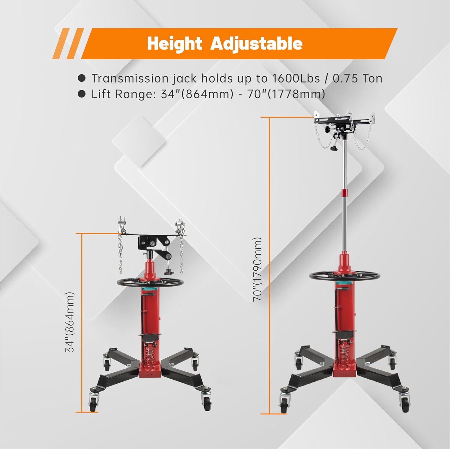 Transmission Jack, 1600 lbs/0.75Ton Capacity Hydraulic Telescopic Transmission Jack 2 Stage Adjustable High Lift Transmission Jack,Garage/Shop Lift Hoist,34" to 70" Lifting Range