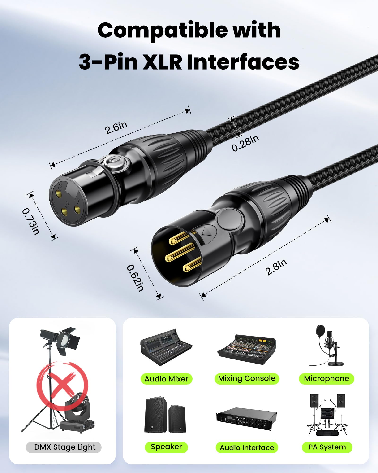 Cable XLR de 25 pies, cable de micrófono XLR profesional macho a hembra, chapado en oro de 3 pines de cobre sin oxígeno (OFC) blindado de nailon trenzado para mezclador, sistemas de altavoces