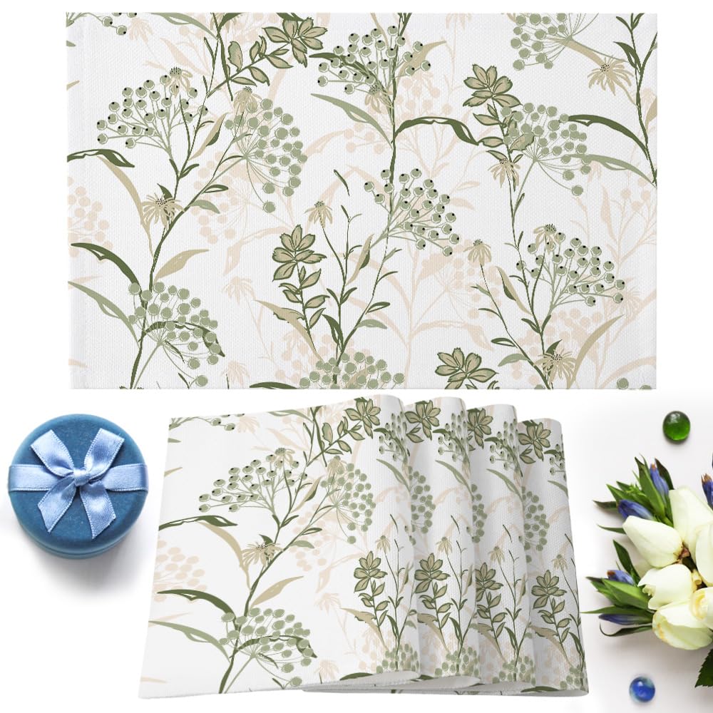 Vintage Floral Plant Placemats Set of 6 Washable Table Mats for Kitchen Dining Table, Heat-Resistant Cotton Linen Place Mats for Indoor Outdoor Parties Holiday Decoration, Sage Green