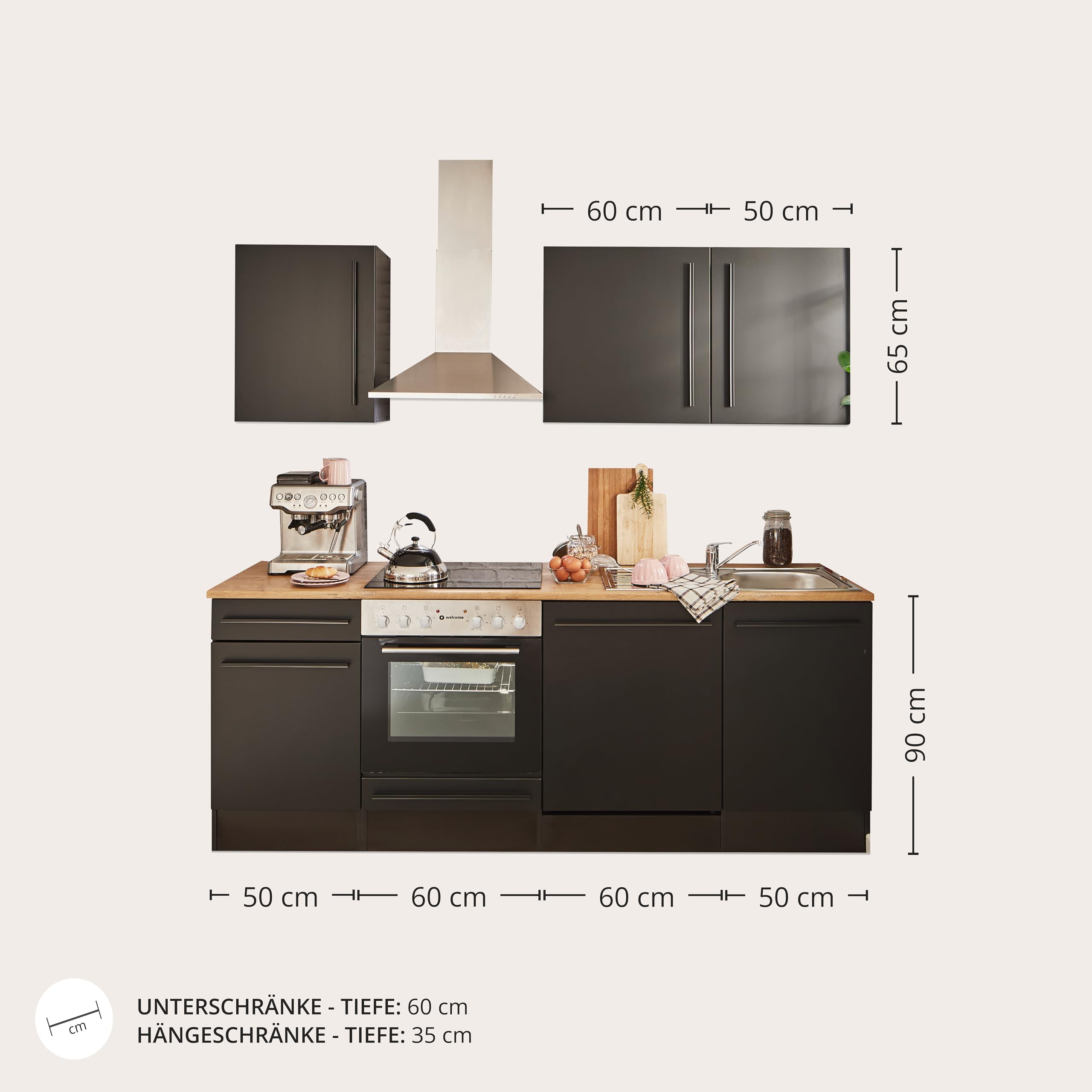JAZZ 8 Moderne Küchenzeile ohne Elektrogeräte in Schwarz matt, Lanzelot Eiche Optik - Geräumige Einbauküche mit viel Stauraum - 220 x 211 x 60 cm (B/H/T)