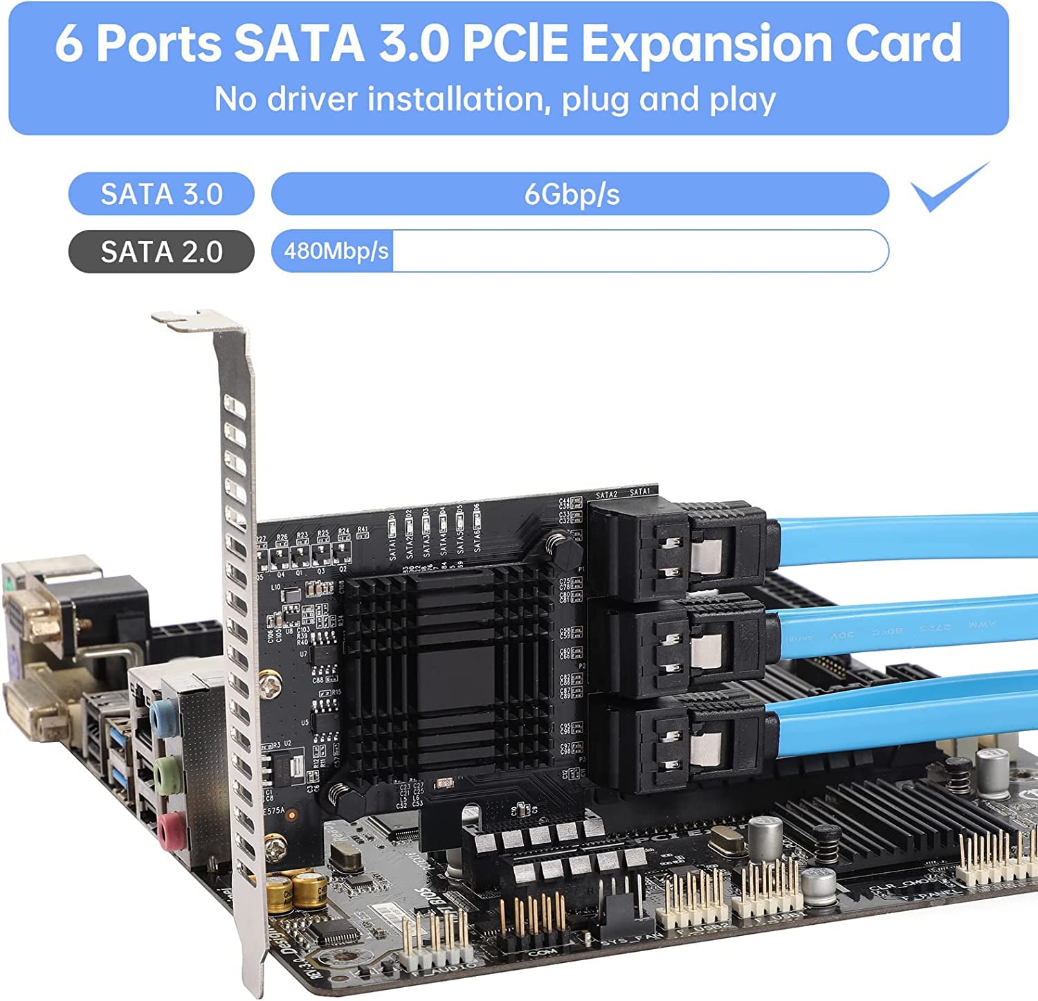 6 porte SATA Scheda controller PCIE SATA, controller SATA 3.0 6 Gbps, Viene fornito con 6 cavi dati SATA, supporto scheda PCI Express 6 dispositivi SATA 3.0, supporto Windows, MAC, Linux