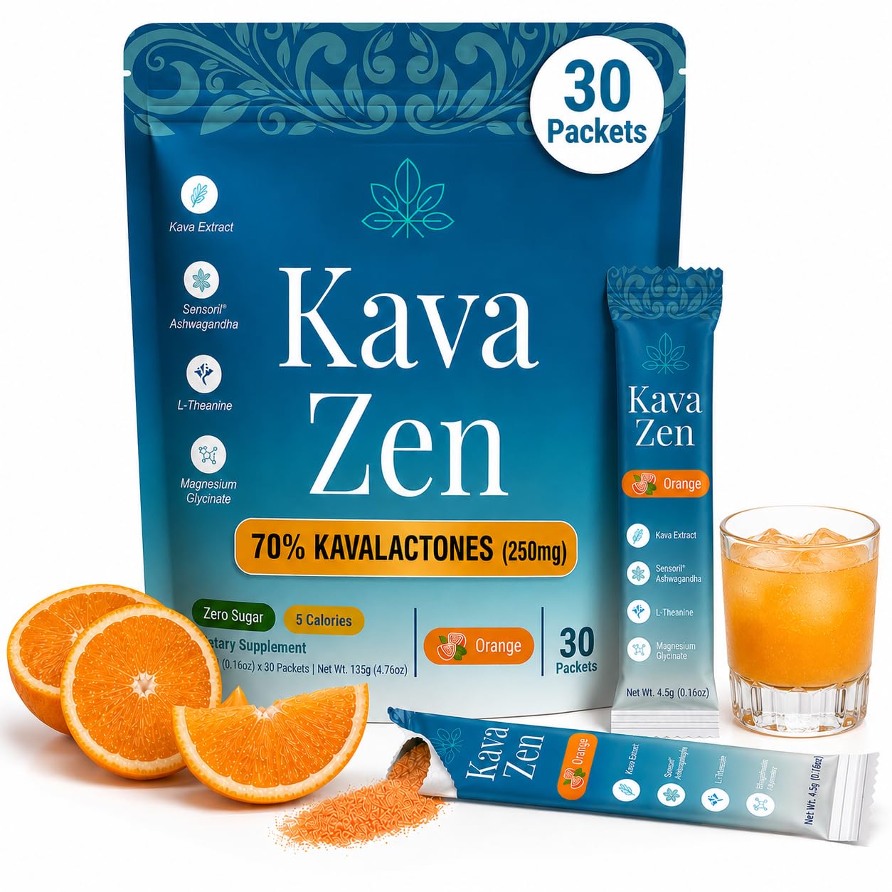 Kava Zen Calming Kava Drink Mix | 250mg Root Extract (70% Kavalactones), L-Theanine, Ashwagandha, Magnesium | Sleep Aid, Cortisol + Stress Support | No Sugar, Non-GMO | 30 Instant Powder Stick Packs