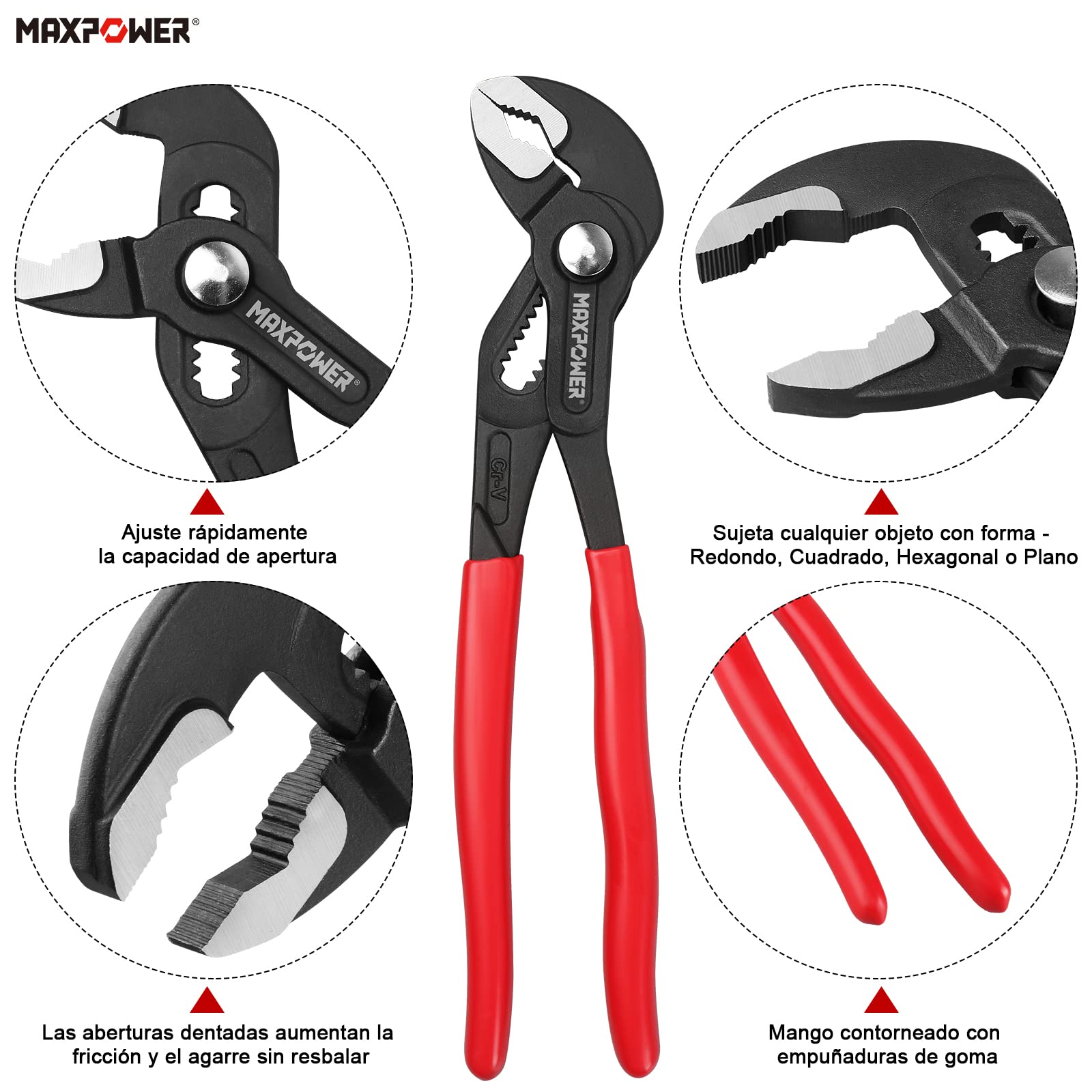MAXPOWER Juego de 3 Alicates Extensibles, Juego de Picos de Loro Ajustable Lengüeta y Ranura Alicate Para Bomba de Agua Industriales de Apertura Múltiple (175mm/240mm/415mm)