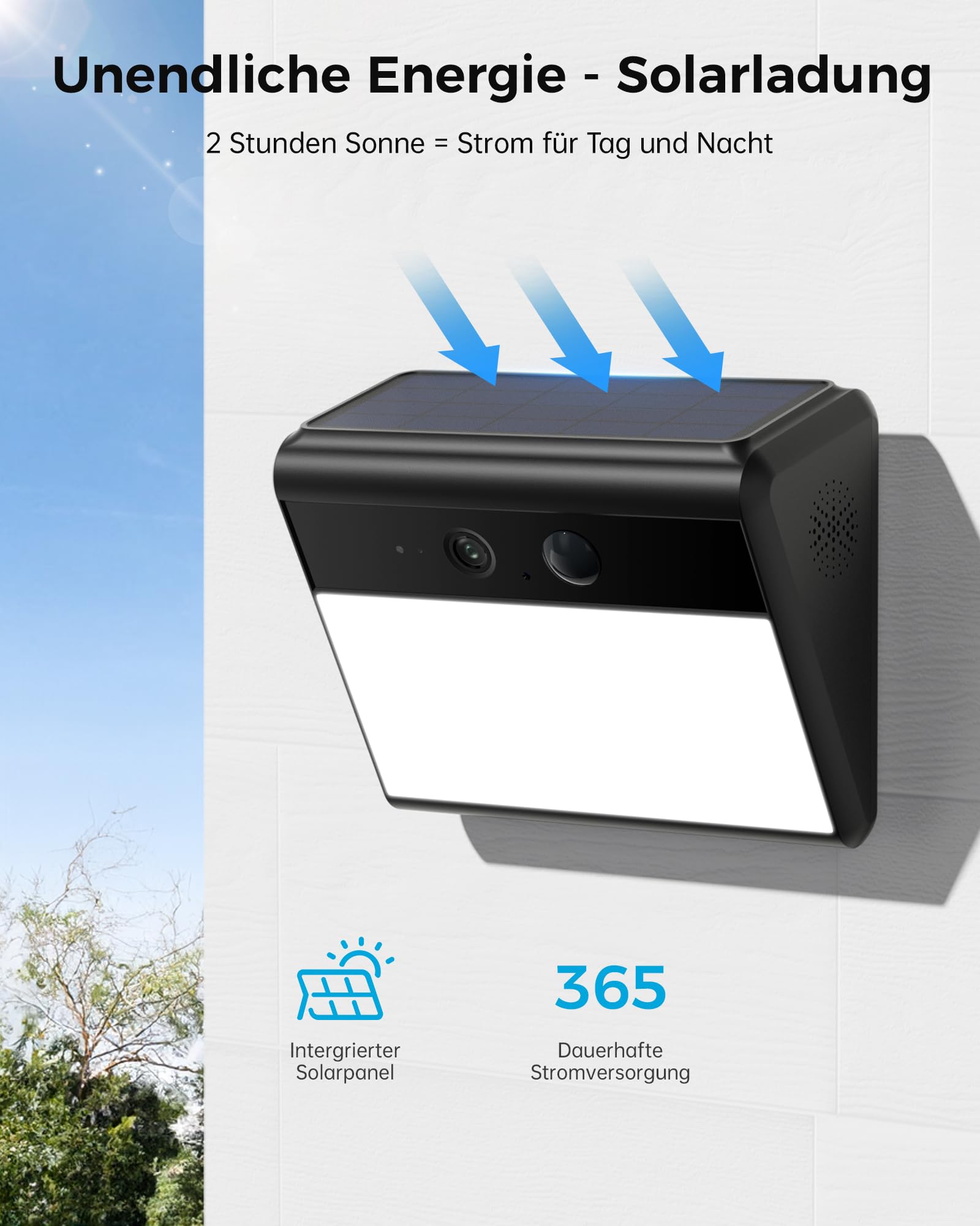 Woox 2K Überwachungskamera Aussen Solar mit Wandleuchte, bewegungsaktiviertes, Aussenkamera WLAN Kabellos Akku, mit KI-Erkennung von Personen/Tieren/Fahrzeugen, Farbe Nachtsicht,IP65 Wasserdicht