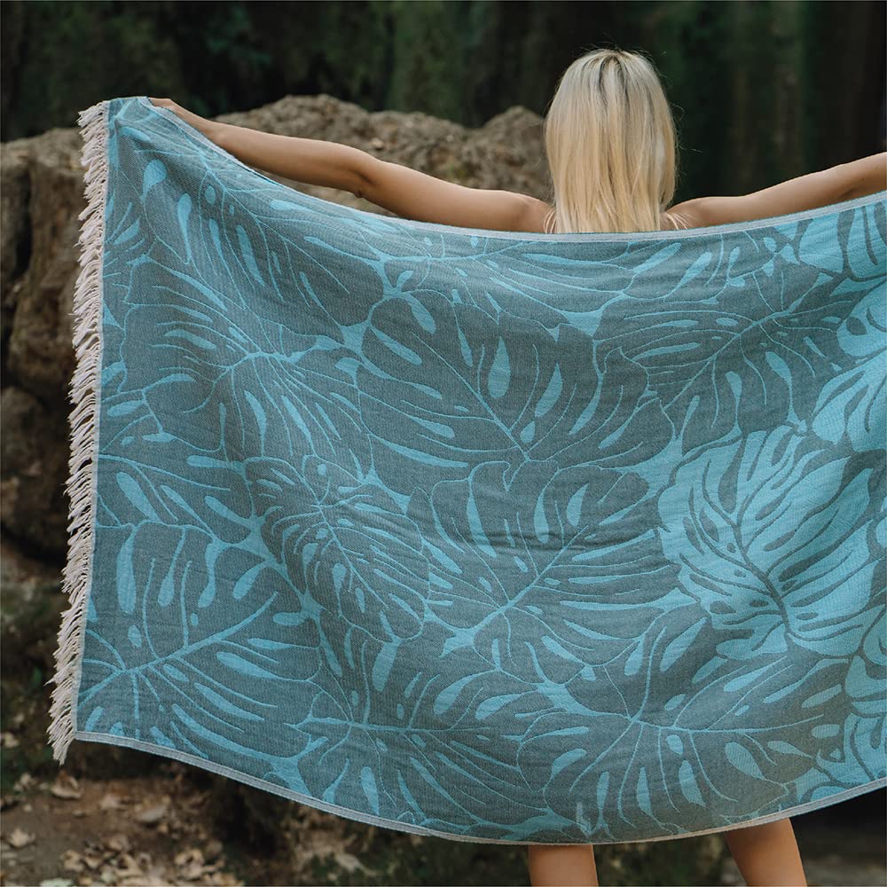 Hencely 100% Cotton Turkish Beach Towel - Large 37" X 68", Tropical Leaves Navy Design