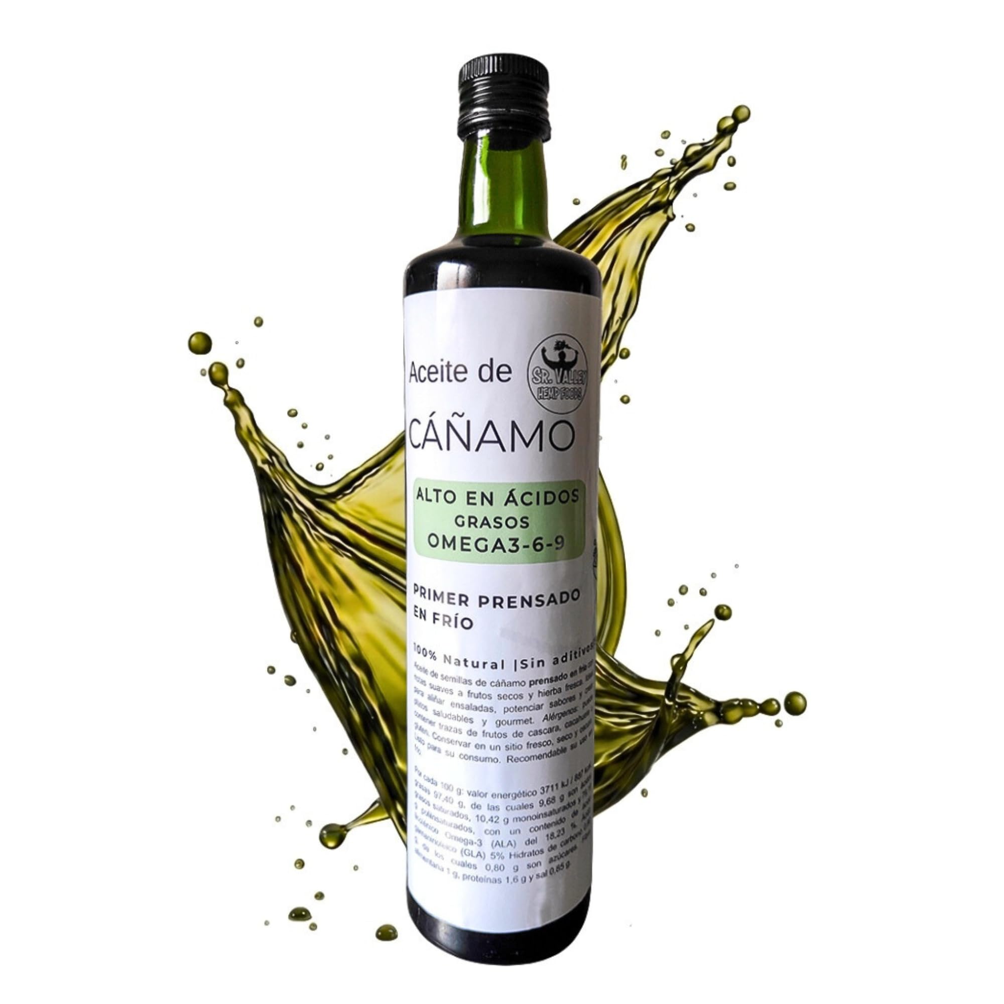 Sr Valley Aceite de Cañamo 100% Puro y Vegano | 750 ml prensado en frío | Para uso culinario y cosmético | Sin aditivos ni conservantes y con semillas no OGM