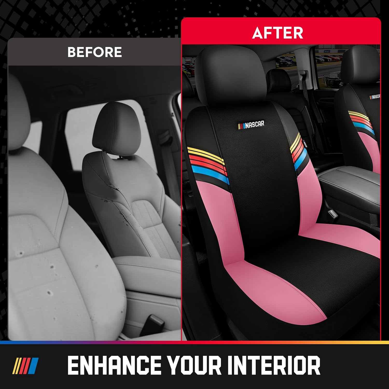 NASCAR Car Seat Covers, Pink Leather and Mesh Seat Covers, Universal Fit Front Seat Covers for Cars with Airbag-Compatible Design, Durable Racing-Inspired Car Interior for Cars, Trucks & SUVs