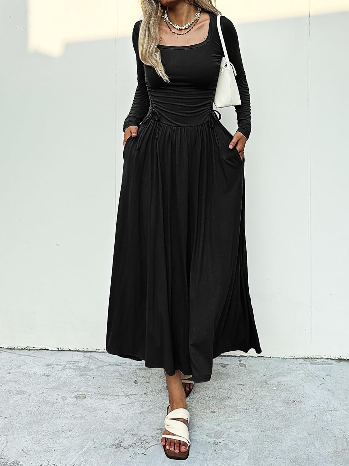 Women’s Long Sleeve Square Neck Maxi Dress Adjustable Waist Tie Casual Flowy A-Line Pleated Dresses with Pockets - Image 2