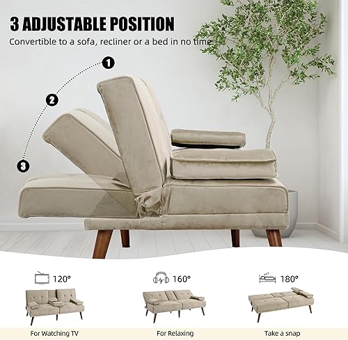 Miniatura 4 de Shintenchi Sofá biplaza pequeño de 60 pulgadas, bonito sofá cama convertible 3 en 1, moderno futón reclinable con 2 portavasos, sofá plegable