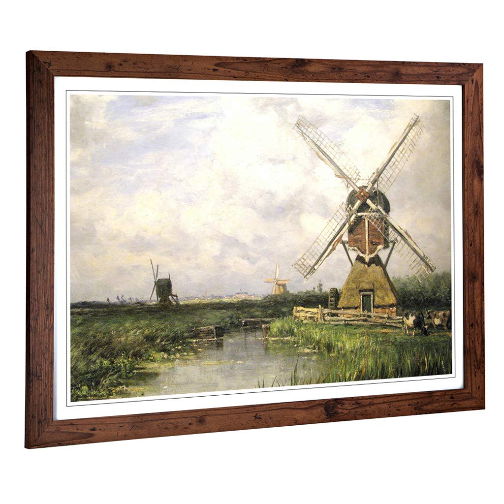 Big Box Art Framed Print of Willem Roelofs Windmills Design | Wall Art Picture | Home Decor for Kitchen, Living, Dining Room, Bedroom, Hallway, Office, Walnut, A2 / 24.5x18 Inch / 62x45cm
