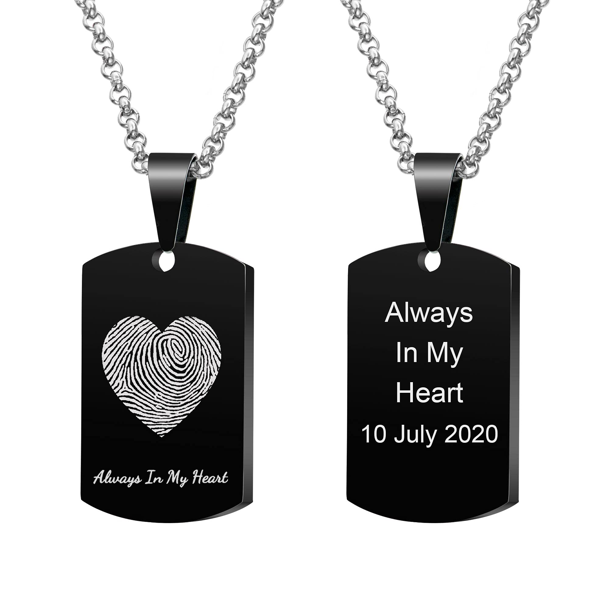 Dreambell Personalized Heart Fingerprint Photo Picture Text Engraving Custom Dog Tag Urn Memorial Pendant Necklace for Ashes Cremation Necklace 21'' (Heart Fingerprint + Back Text Engraved)