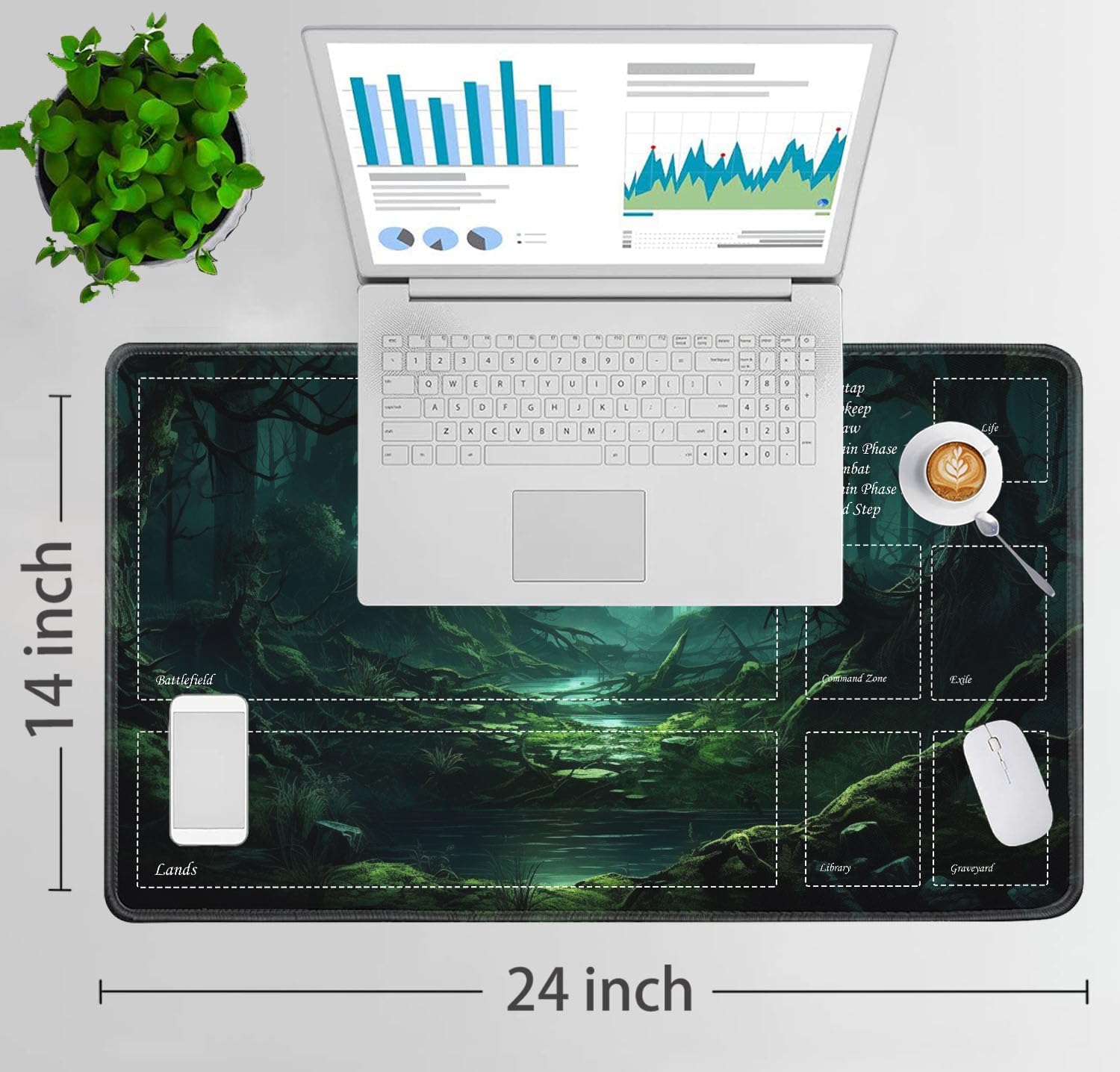 JVGFYNKL for MTG/TCG Playmat with Zones, 24x14 in Non-Slip Rubber for MTG Mat with Drawstring Travel Pouch and 6 Dice, Green Forest Card Game Playmats