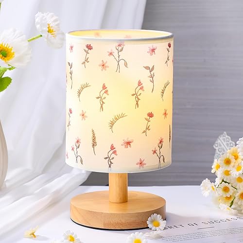 VIHOSE Lámpara de mesita de noche floral bohemia con pantalla de tela de lino, base de madera maciza, decoración para niños, sala de estar,