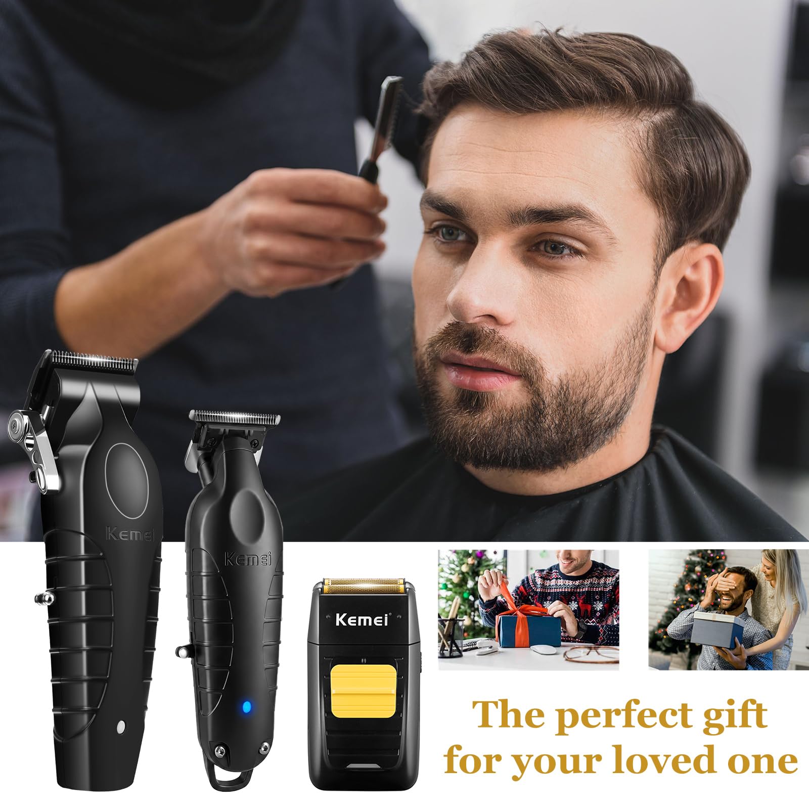 KEMEI set de cortapelos hombre 3 en 1, recortadora de barba inalámbrica | afeitadora eléctrica con cabezas y redes de repuesto, set profesional de barbería para peinado y barba caseros en casa