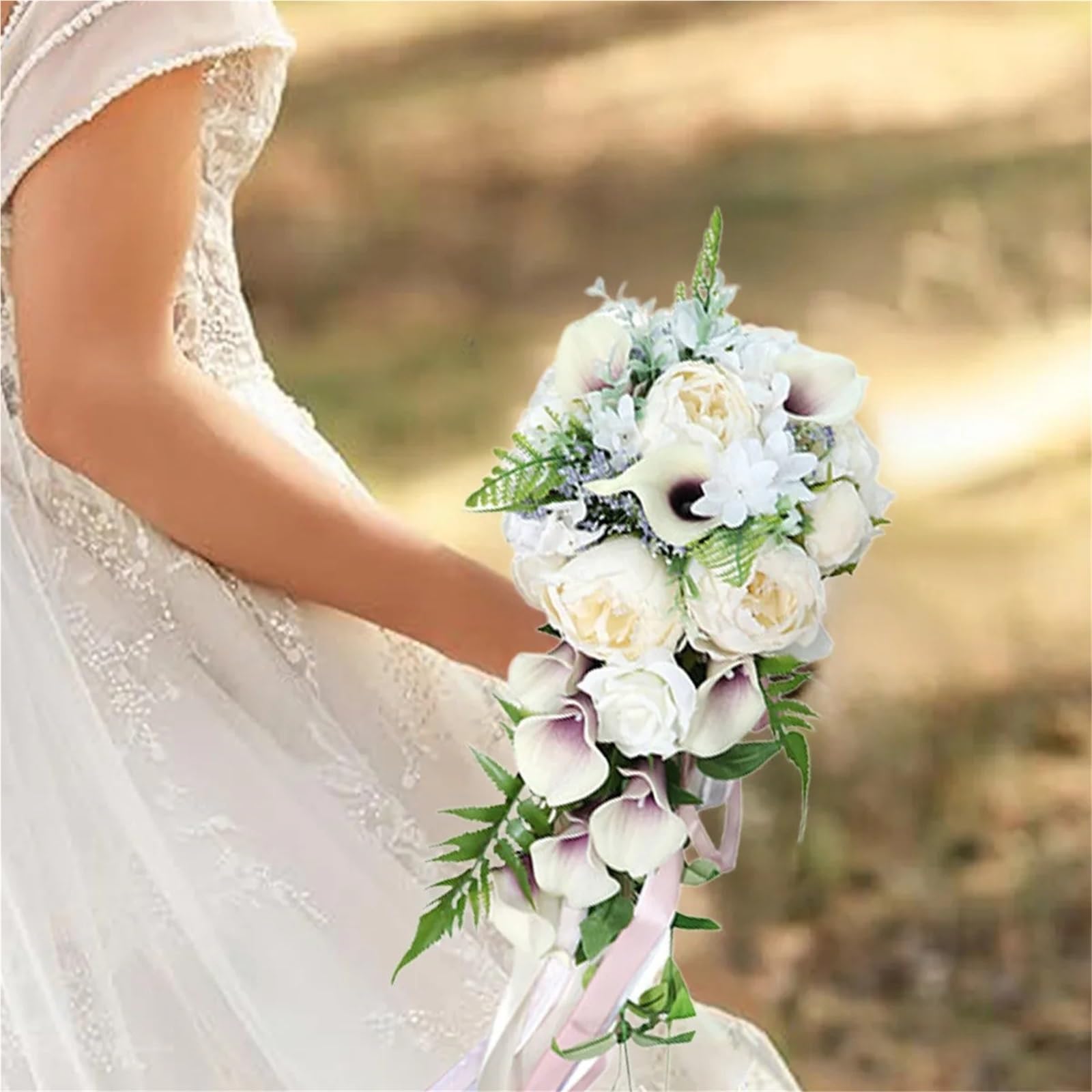 Bouquet da Sposa Fiori di peonia Calla Artificiali for Sposa con Nastri, Mazzo di Fiori Finti for Damigella d'Onore da 21 Pollici