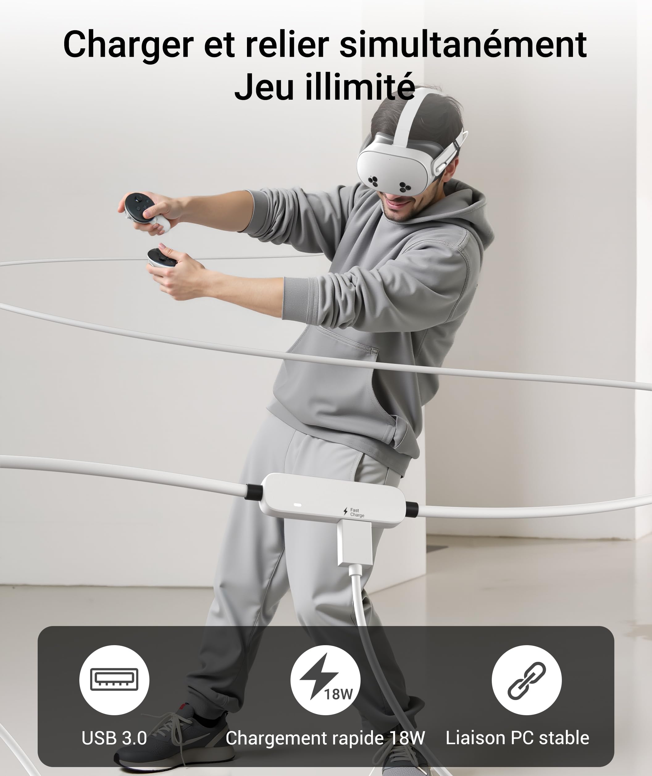 Syntech VR Câble Link de Charge 5M Compatible avec Meta Quest 3S/Quest 3/Oculus Quest2 Accessoire, Câble Link USB 3.0 avec Port de Charge Supplémentaire, pour PC/SteamVR et Jeux Prolongés