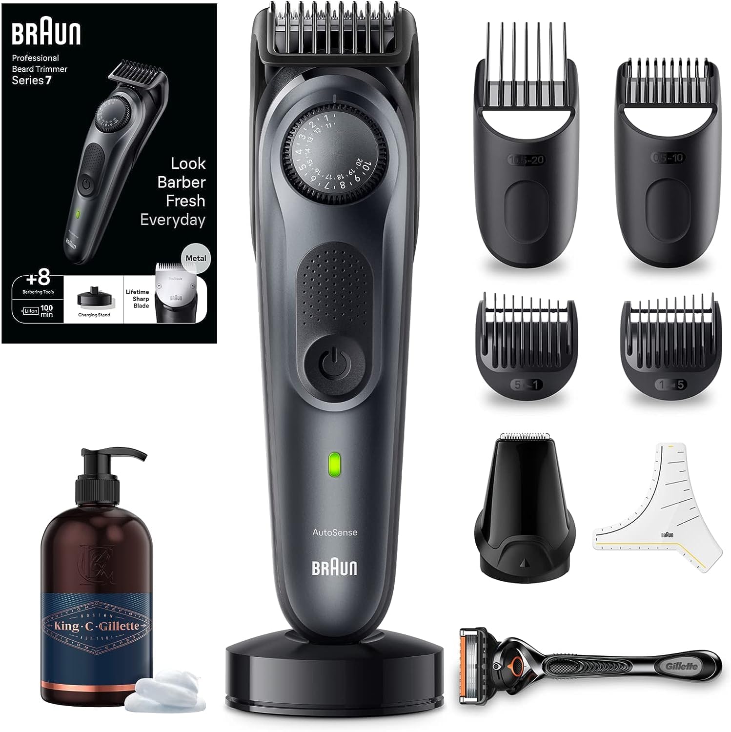 Braun Series 7 Recortadora de Barba, Máquina Cortar Pelo, Cortapelos Hombre con ProBlade BT7441 + King C. Gillette Gel para Barba y Rostro Hombre con Agua de Coco, Aceite de Argán y Aguacate 350 ml