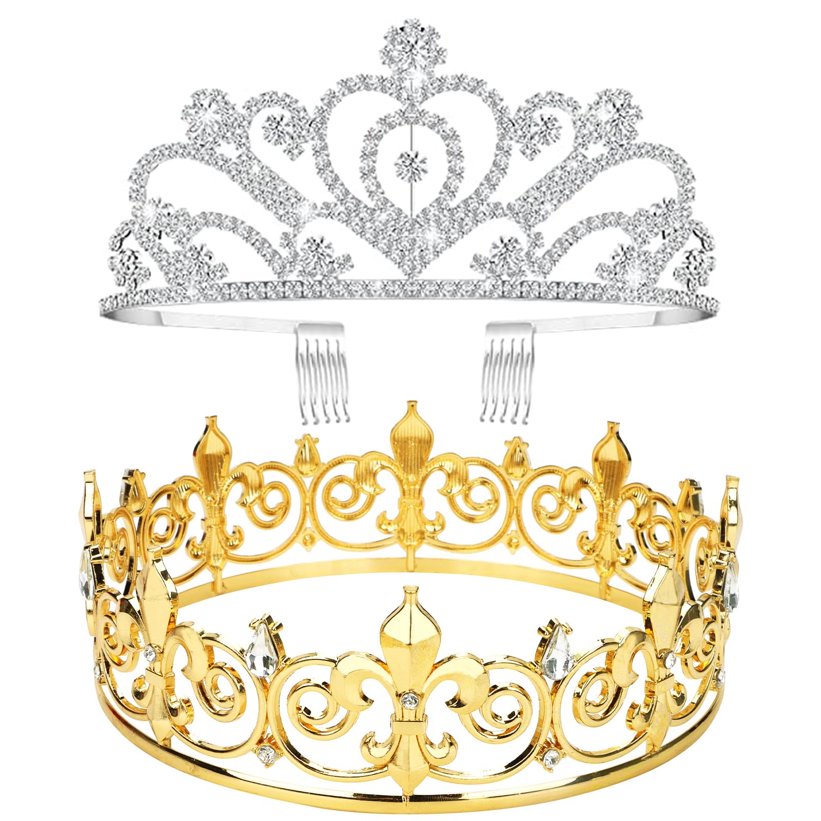 2 Pcs Crowns for Men Women King and Queen Crown Set Gold King Crowns for Men Prom Silver Queen Tiara Crystal Crowns for Women Girls Dancing Party Crown Rhinestone Crystal Headbands Wedding