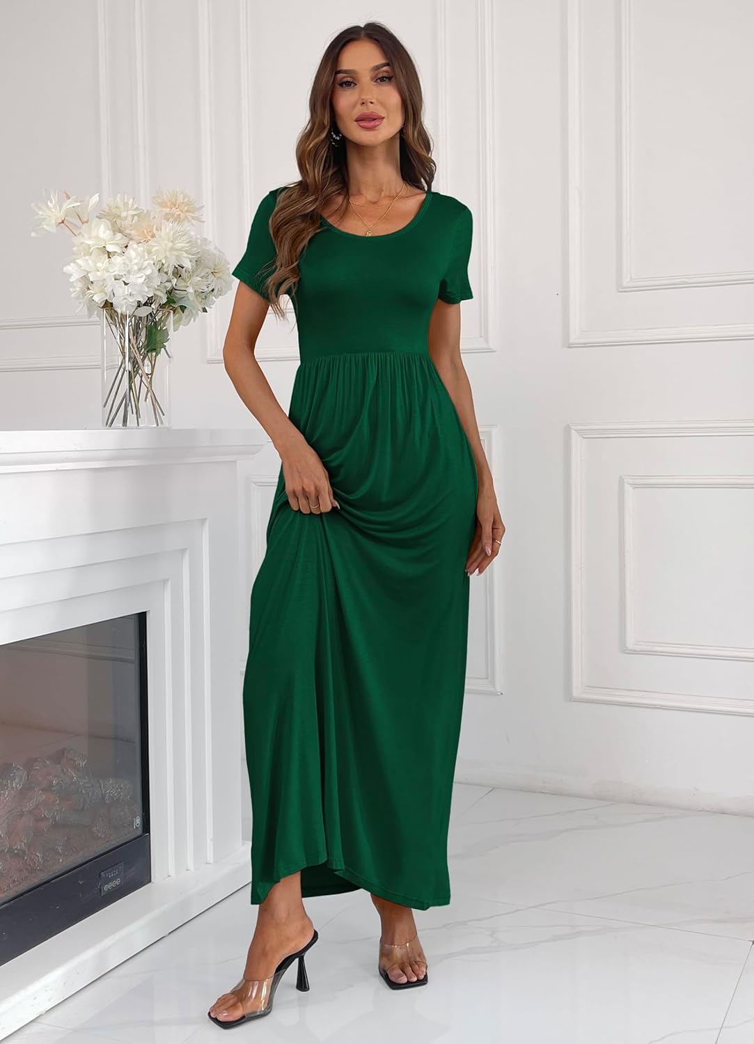 Women's Short Sleeve Loose Plain Long Maxi Casual Dresses with Pockets 3XL Dark Green - Image 5