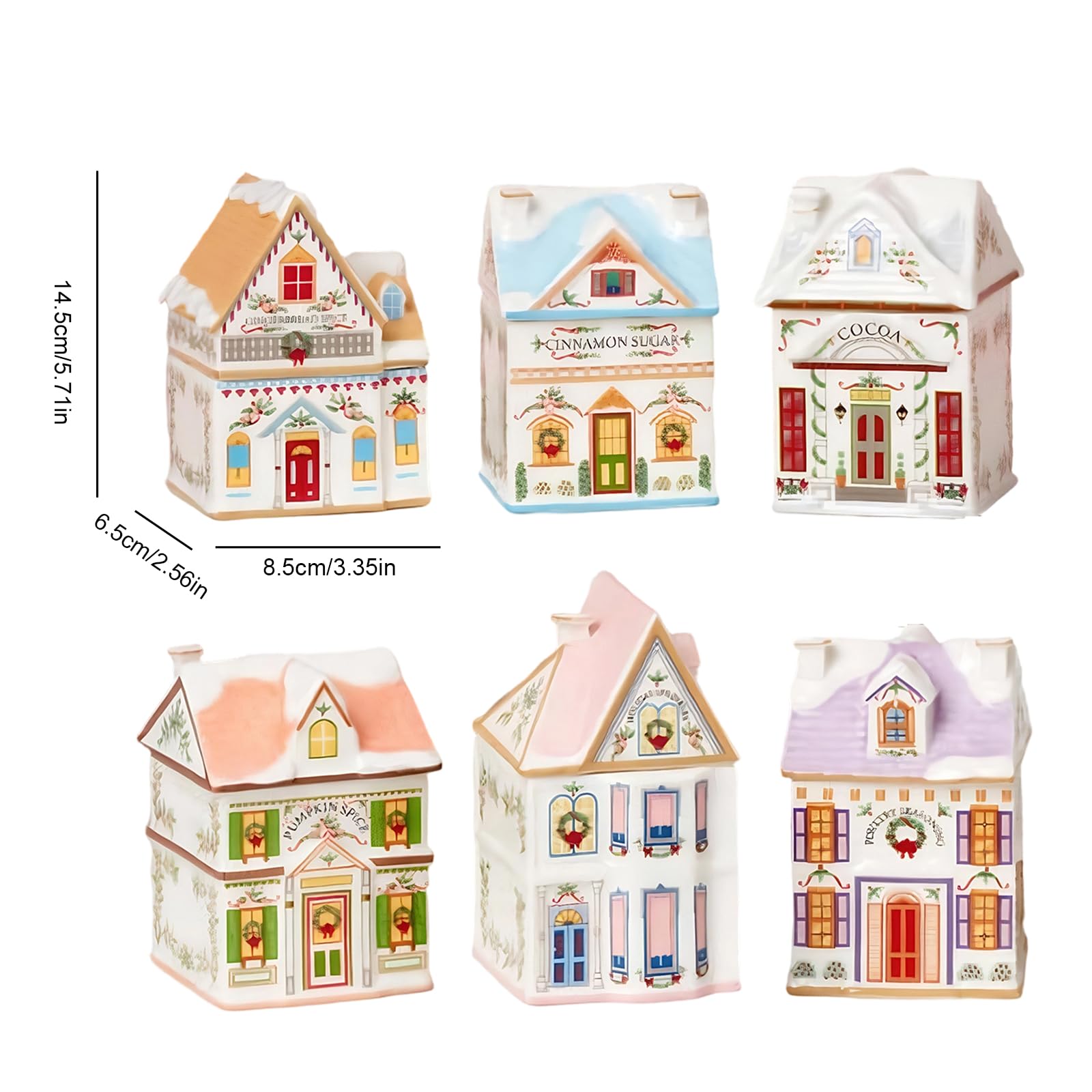6-teiliges Mini-Weihnachts-Gingerbread-Häuser Gewürzdosen-Set aus Harz im Vintage-Stil, Festliche Dekoration für die Küchenarbeitsplatte, Klassische Gewürz-Dörferkollektion