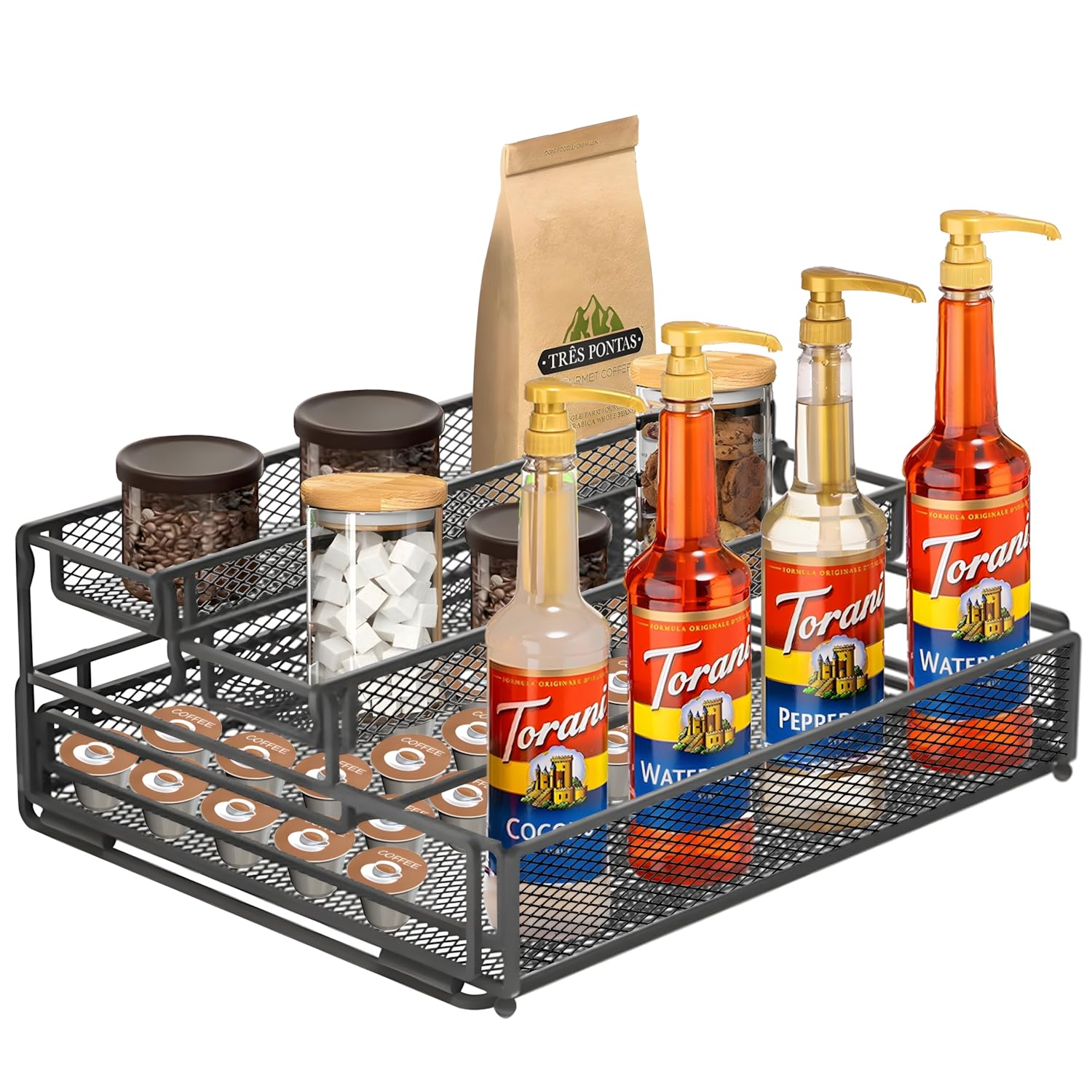 JforSJizT Coffee Syrup Rack Organizer with K Cup Storage Drawer,3-Tier Holds 4 Bottles Coffee Syrup & Coffee Bar Accessories,Syrup Bottle Holder Shelves Stand Liquor Wine Rack,Kitchen Coffee Station