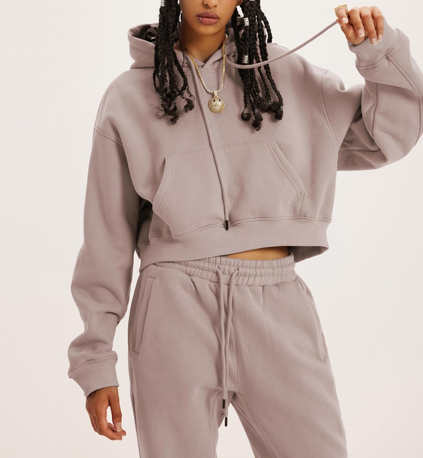 Women's 2pc Airport Outfits Casual Hoodie Fleece Tracksuit Sweatshirt Pullover Jogging Pants Pockets