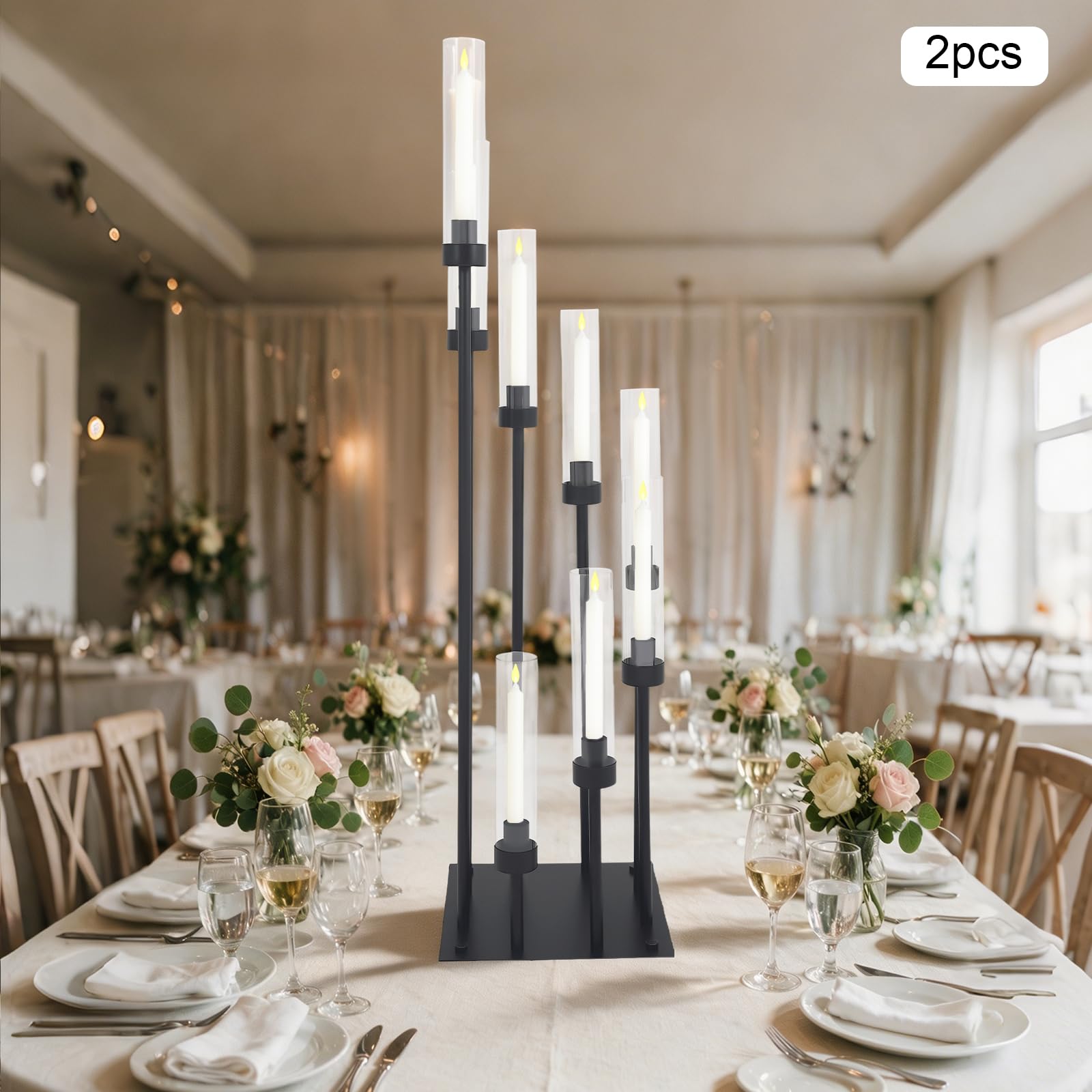 8 Arm Kerzenhalter Set Schwarz mit Glas Windschutz Metall Kerzenständer | Elegante Tischdeko mit 2 Größen, stabilem Stand und stimmungsvollem Kerzenlicht für Wohnzimmer, Hochzeit und Feiertage