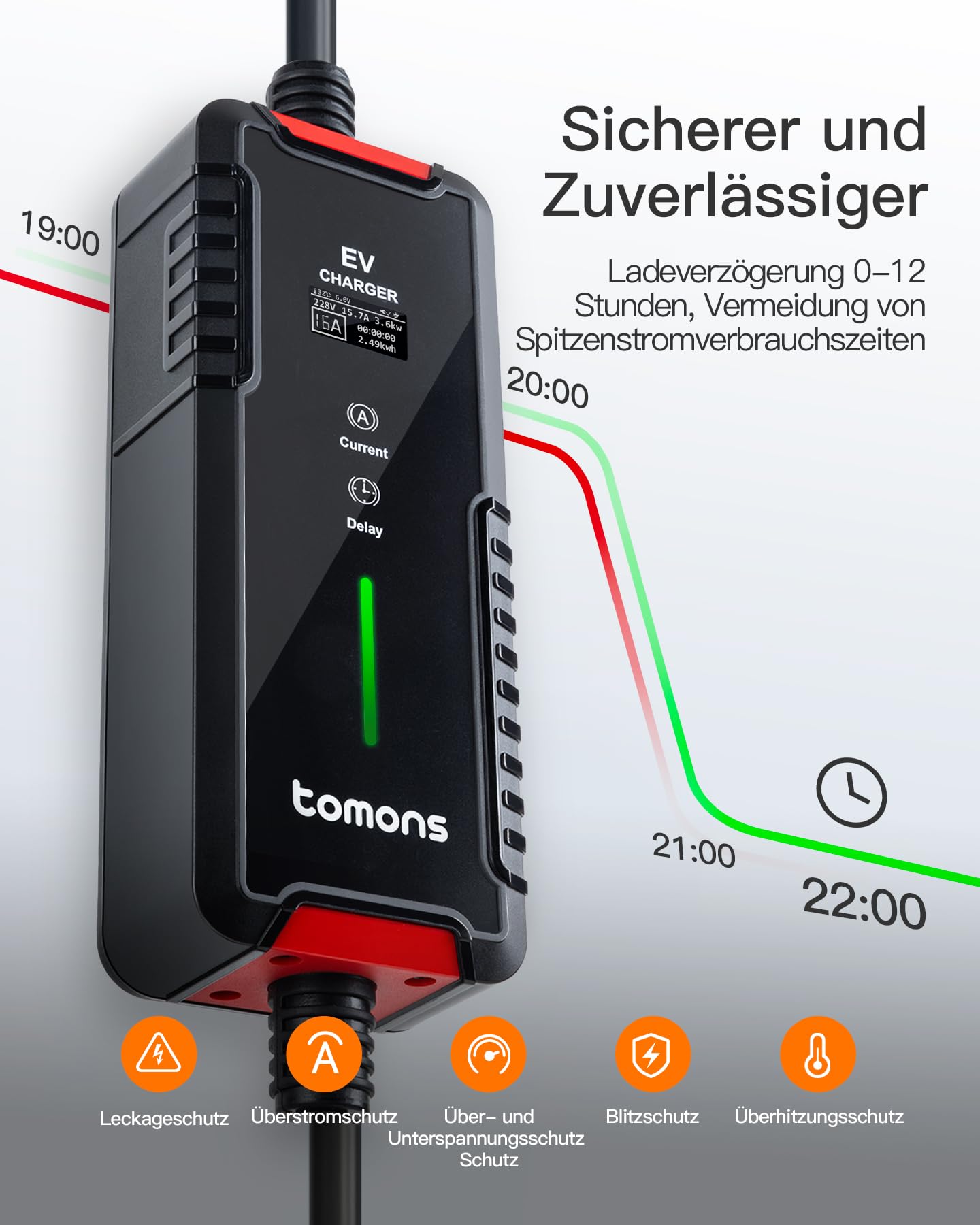 tomons Typ 2 Ladekabel Schuko 3,68 kW, Einphasig, 6-16A, 10M, EV Charger mit Steuerbarer Digitalanzeige und Verzögerungsfunktion