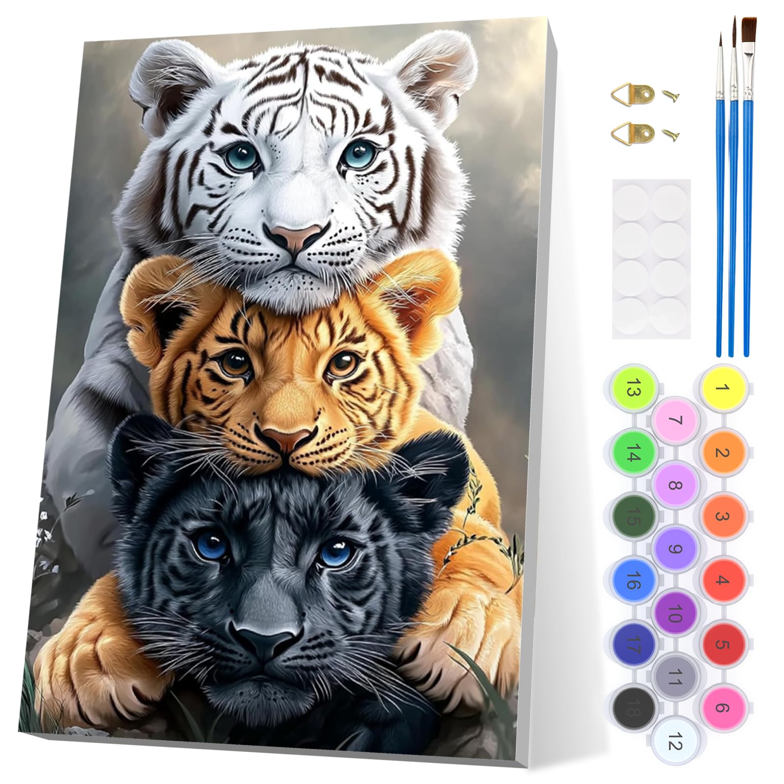 EOBROMD Tigers Paint by Numbers for Adults with Frame, Three Tigers Animals Paint by Numbers Kits, Acrylic Easy Painting by Numbers for Gift Home Wall Decor 8x12in — image 1