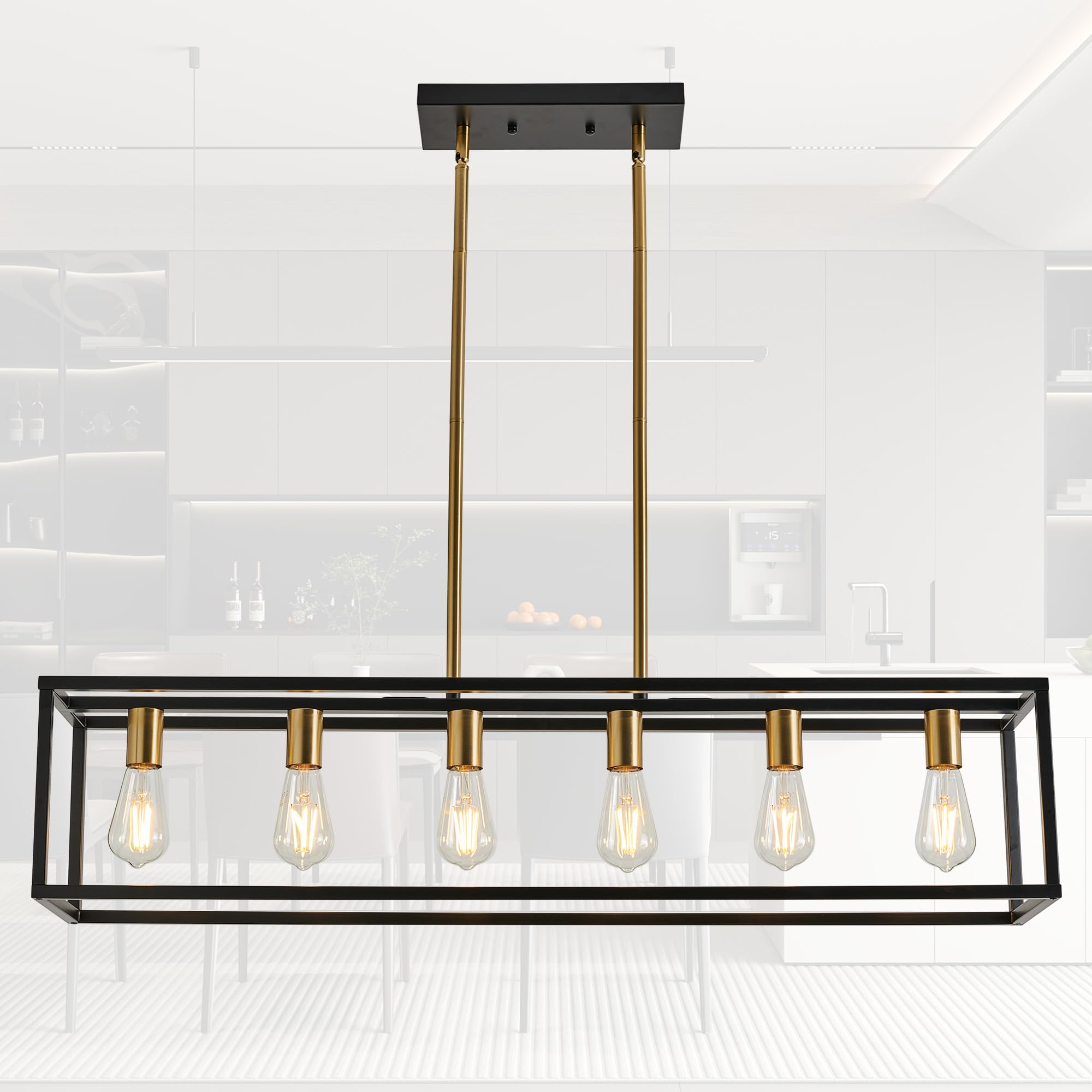 Photo 1 of HQZBPT Rectangle Chandeliers Kitchen Light Fixtures Farmhouse Dining Room Light for Dining Rooms,Black&Brushed Brass Light Fixture Matte 6-Light Industrial Pendant Lighting