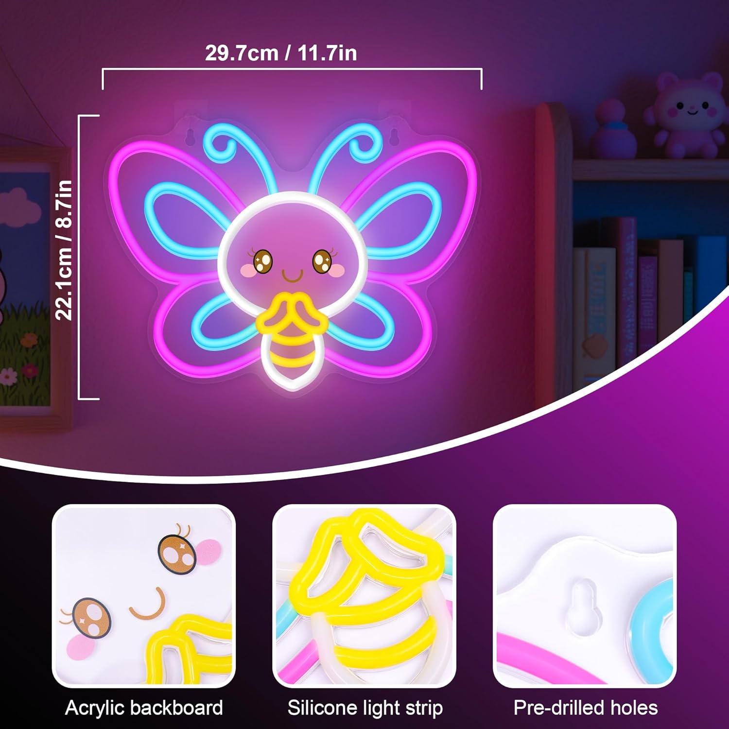 OkiyiD Butterfly Neon Sign – Cute Aesthetic Wall Decor for Girls Room Bedroom Vanity, USB Powered LED Light with Hanging Kit, Dimmable Night Light, Unique Gift for Her
