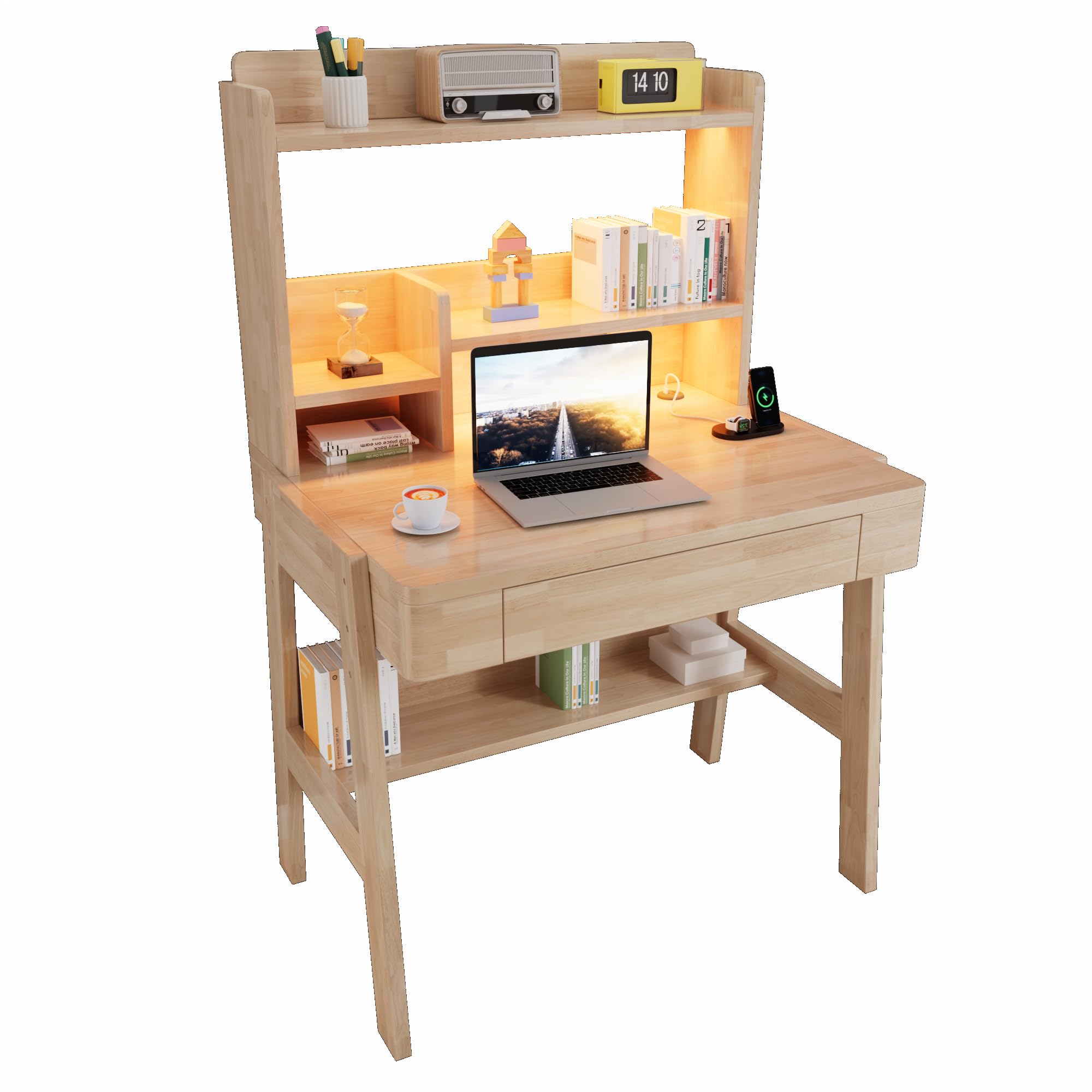 Mesa infantil de madera maciza con barra de luz LED, puerto USB, cajón y espacio de almacenamiento, adecuado para niños a partir de 6 años